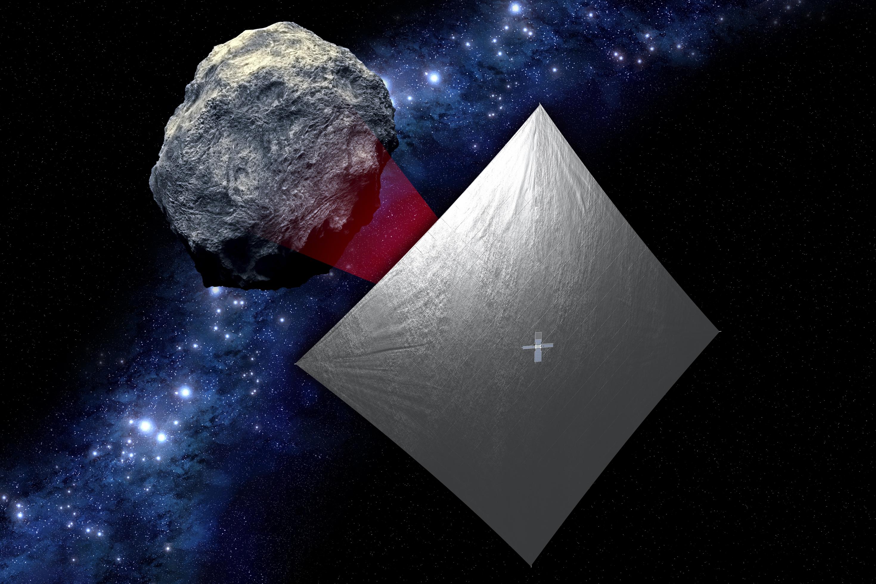 Ein Weltraumbild, in dessem Hintergrund das Schwarz des Weltalls zu sehen ist. Im Vordergrund befinden sich ein Asteroid (links) und eine Raumsonde, die mit einem großen Segel angetrieben und von diesem verdeckt wird (rechts).