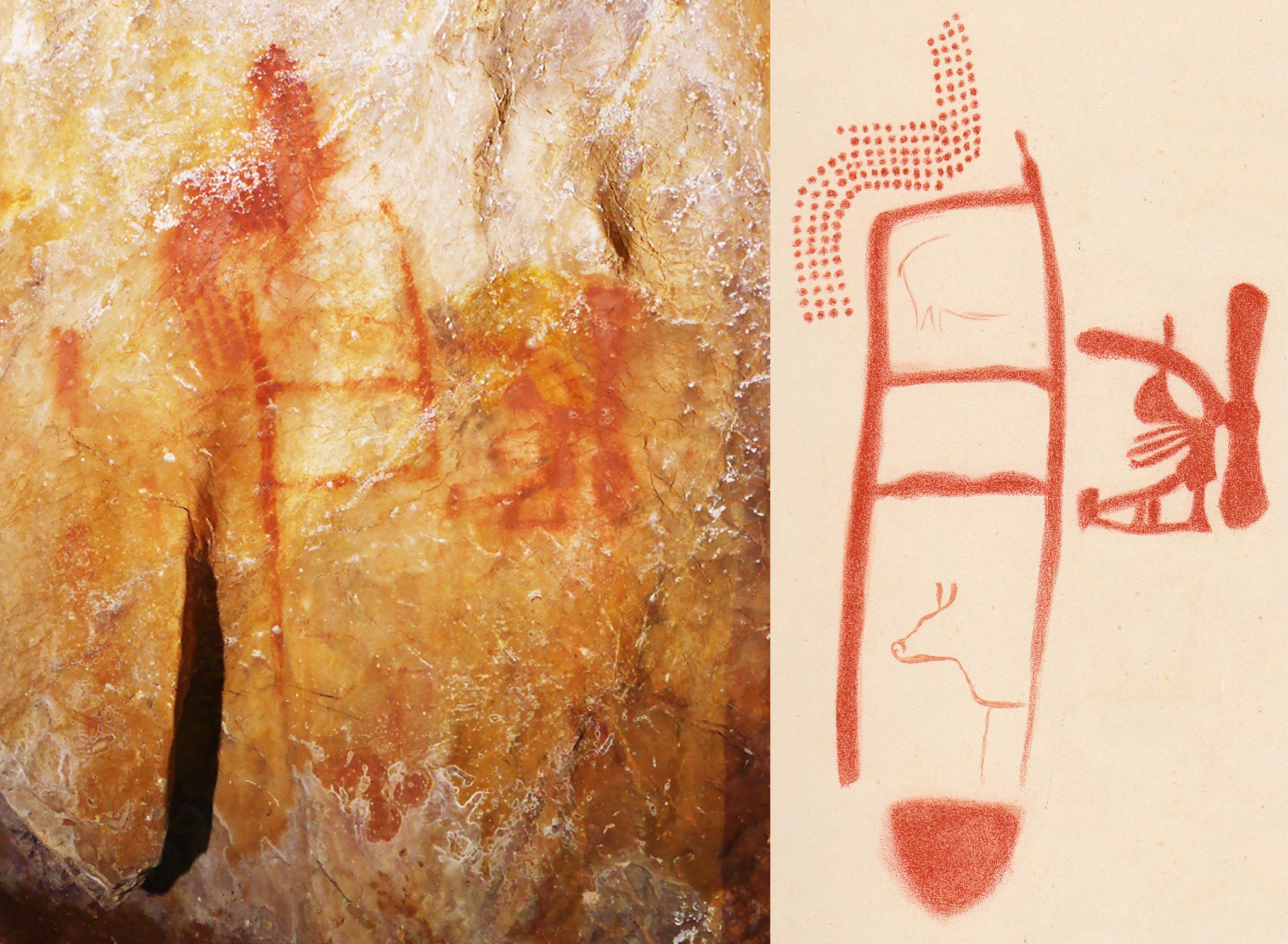 Links ist die gelbliche Felswand einer Höhle zu sehen, auf der in roter Farbe aufgemalte Muster, Figuren und ein leiterartiges Gebilde zu erkennen sind. Das rechte Bild zeigt eine Zeichnung, welche die roten Objekte – insbesondere die Leiter – auf beigem Untergrund deutlicher hervorhebt.