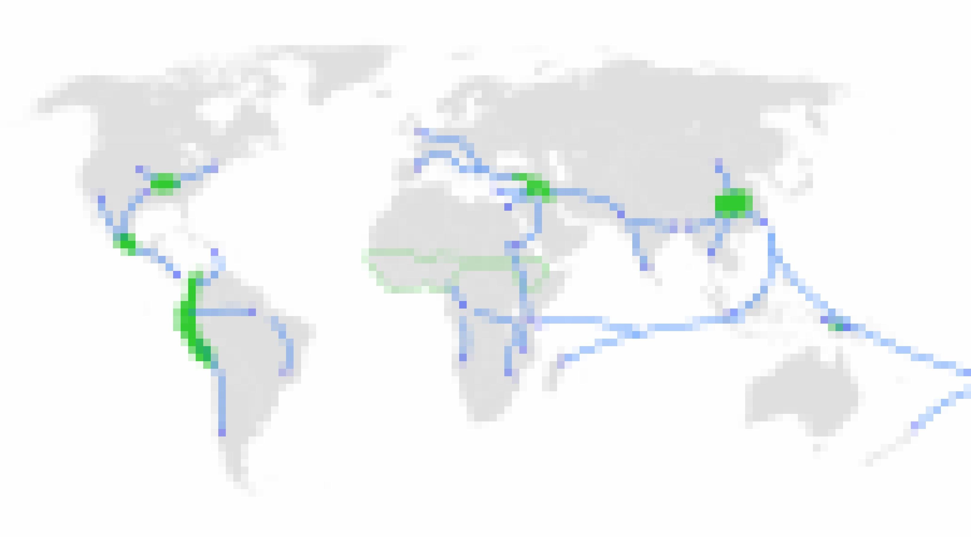 Eine Weltkarte in Grautönen zeigt grün jene Regionen, an denen erstmals Menschen zu Bauern und Viehzüchtern wurden: Den Nahen Osten, Zentralchina, Stellen in Nord-, Mittel- und Südamerika. Blaue Pfeile zeigen die Verbreitung der neuen Lebensweise über die Erde.