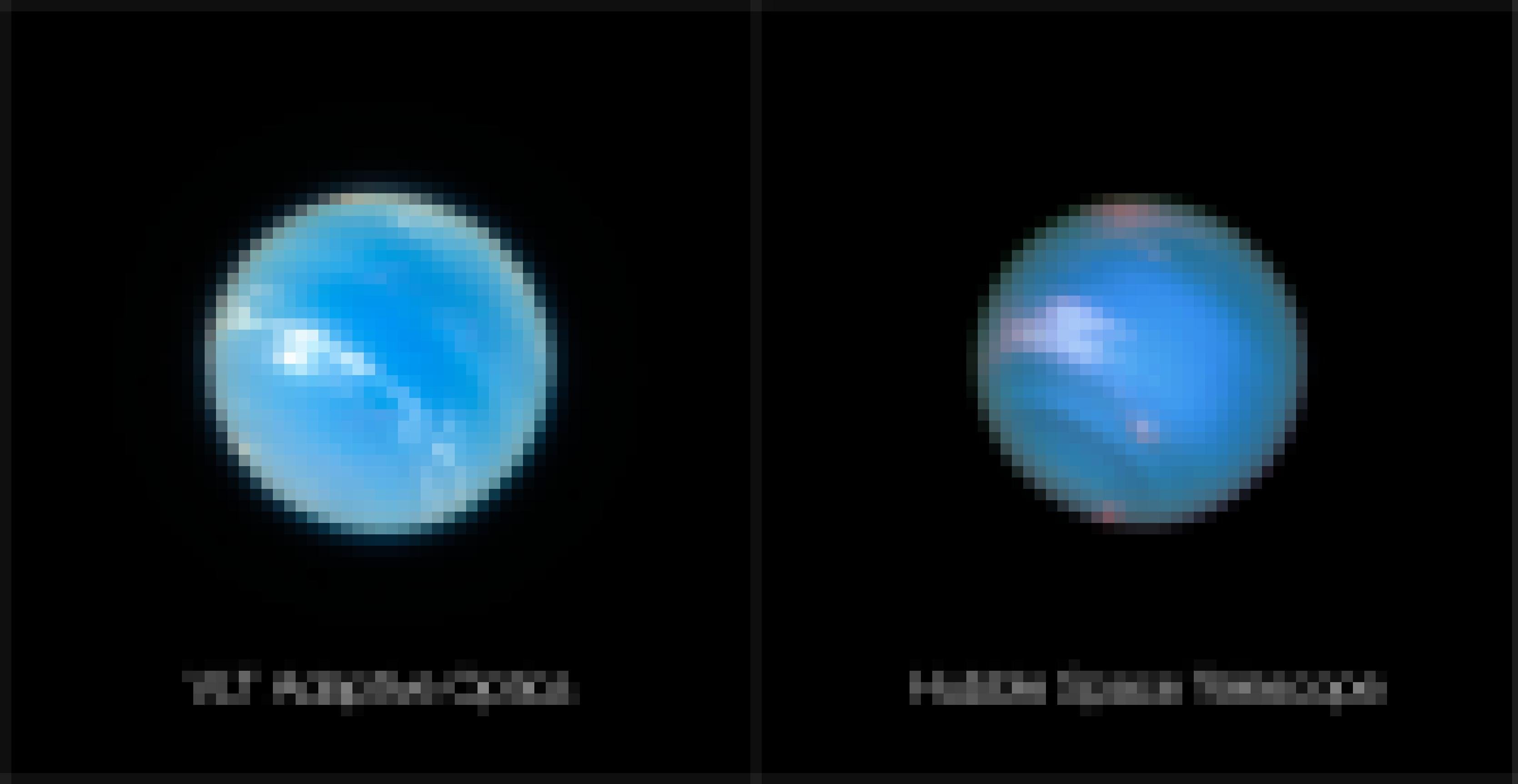 Links Neptun mit dem Very Large Telescope, adaptiver Optik und im MUSE-Nahfeldmodus, rechts die beste, aber viel unschärfere Aufnahme des Hubble-Weltraumteleskops