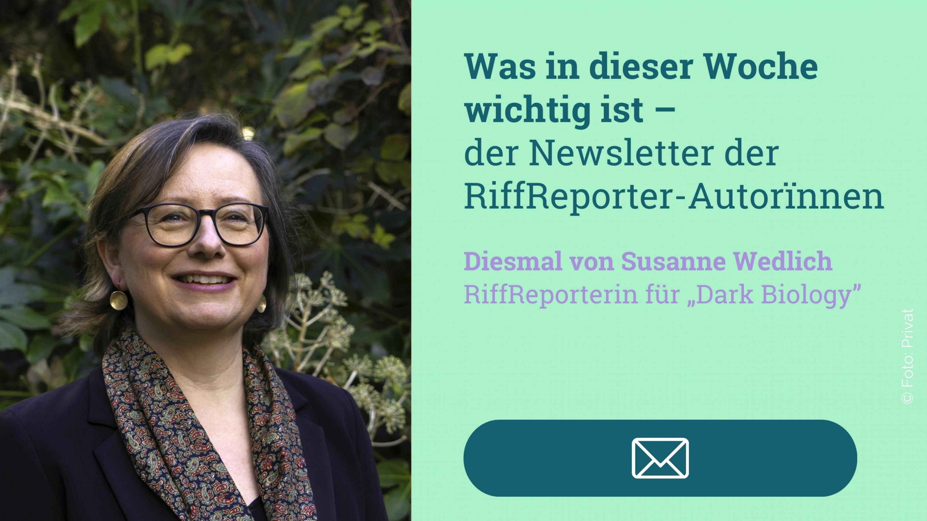 Eine Frau lächelt in die Kamera. Dazu der Text: "Was diese Woche wichtig ist - der Newsletter der RiffReporter-AutorInnen. Diesmal von Susanne Wedlich, RiffReporterin für Dark Biology.