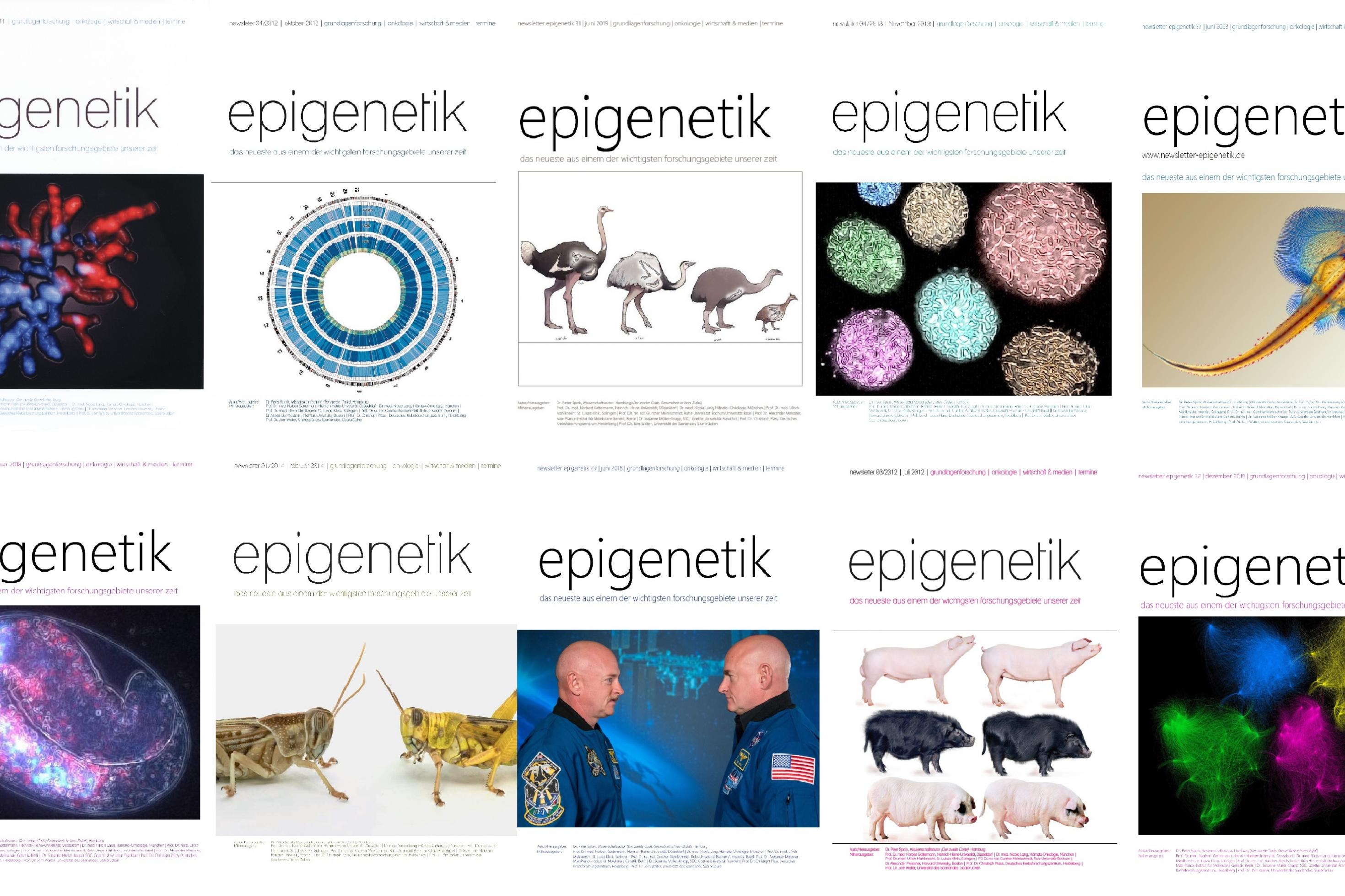Zwei Reihen mit Magazin-Titelbildern, die teilweise mikroskopische Aufnahmen oder genetische Daten, aber auch Tiere wie Schweine, Heuschrecken oder Rochen zeigen.