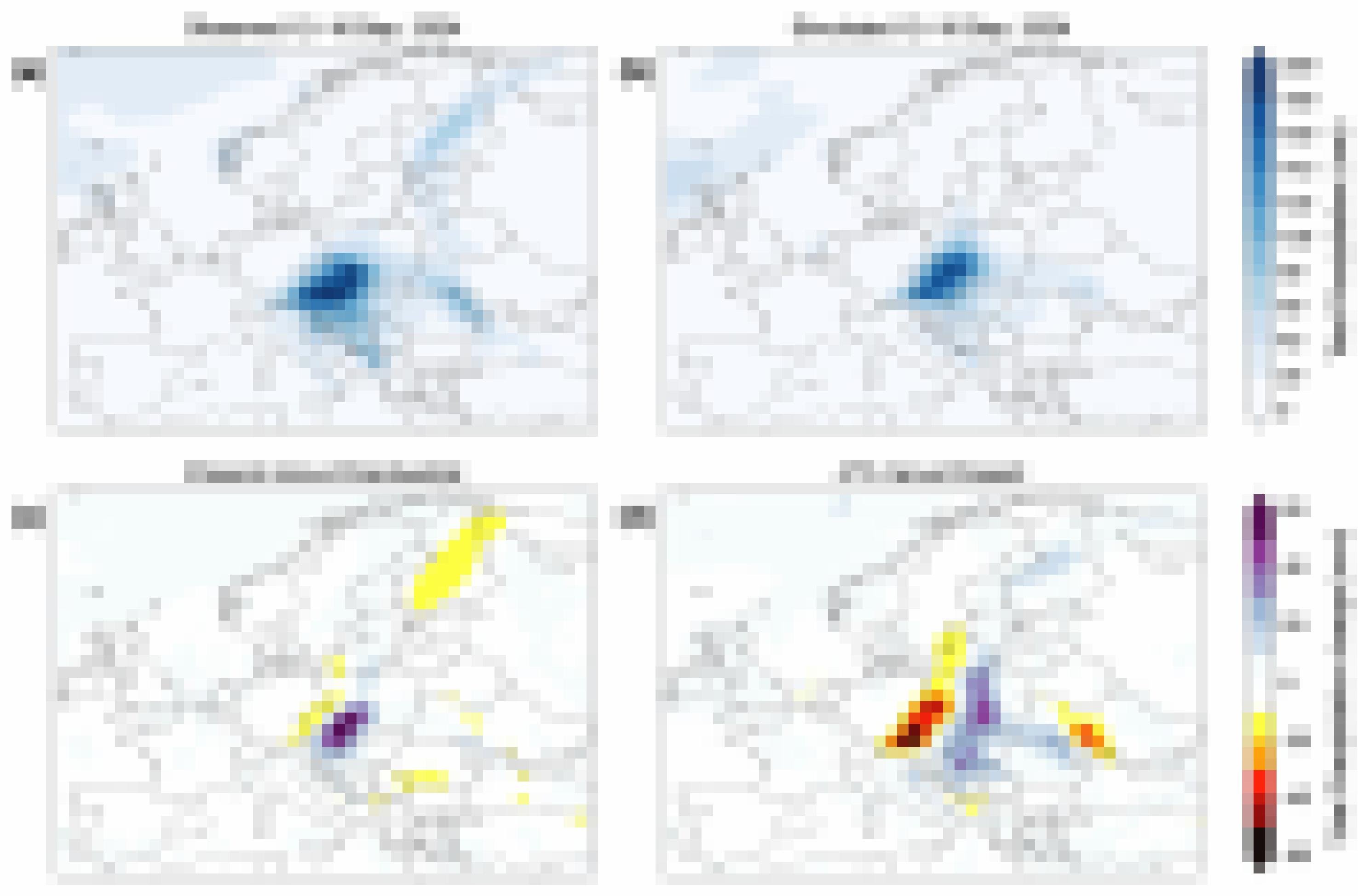 Vier Europa-Wetterkarten, in denen Farbtöne die Niederschlagsmengen simulieren.