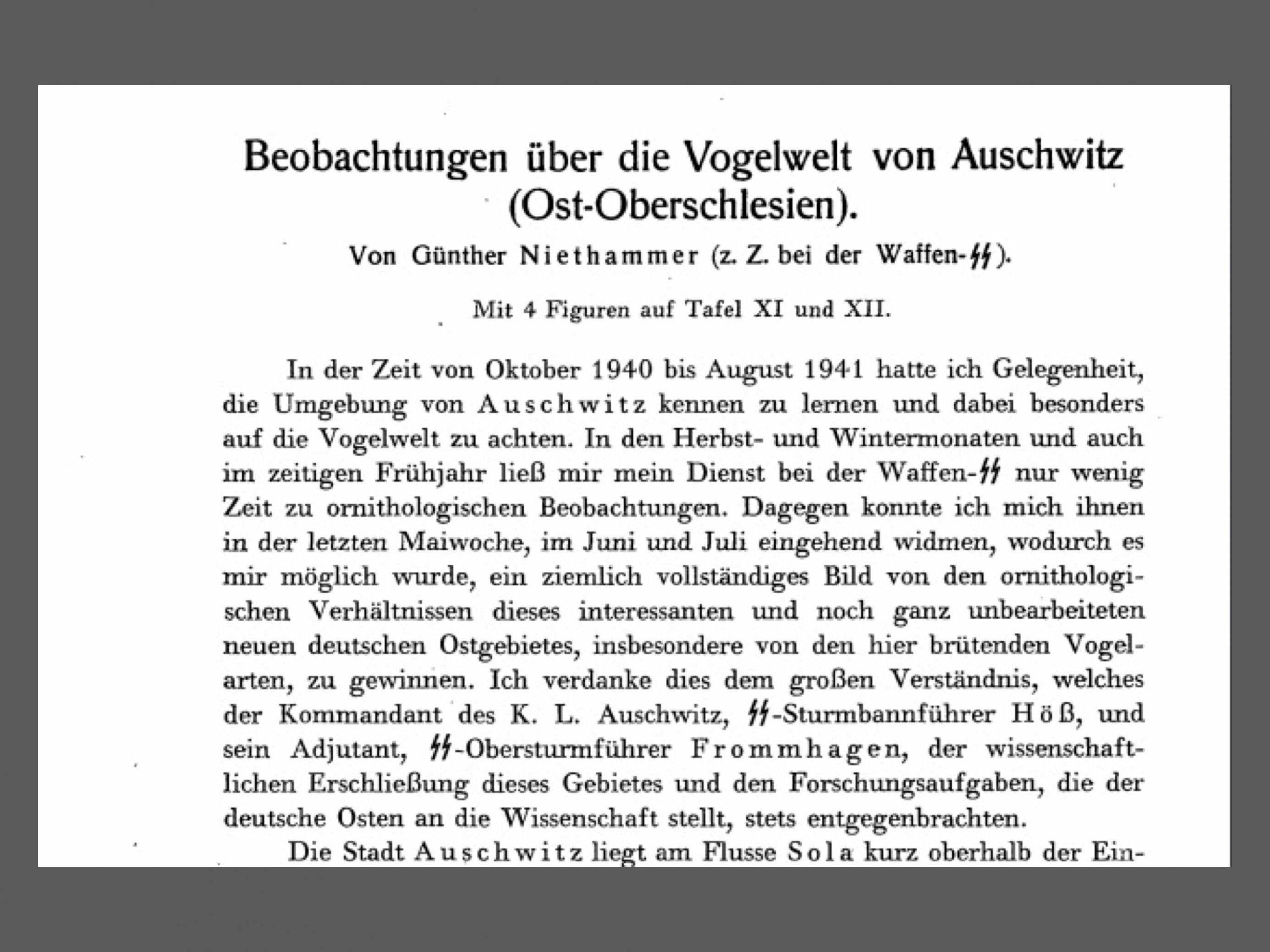 Ausschnitt aus einem Buch. Titel: „Beobachtungen über die Vogelwelt von Auschwitz“