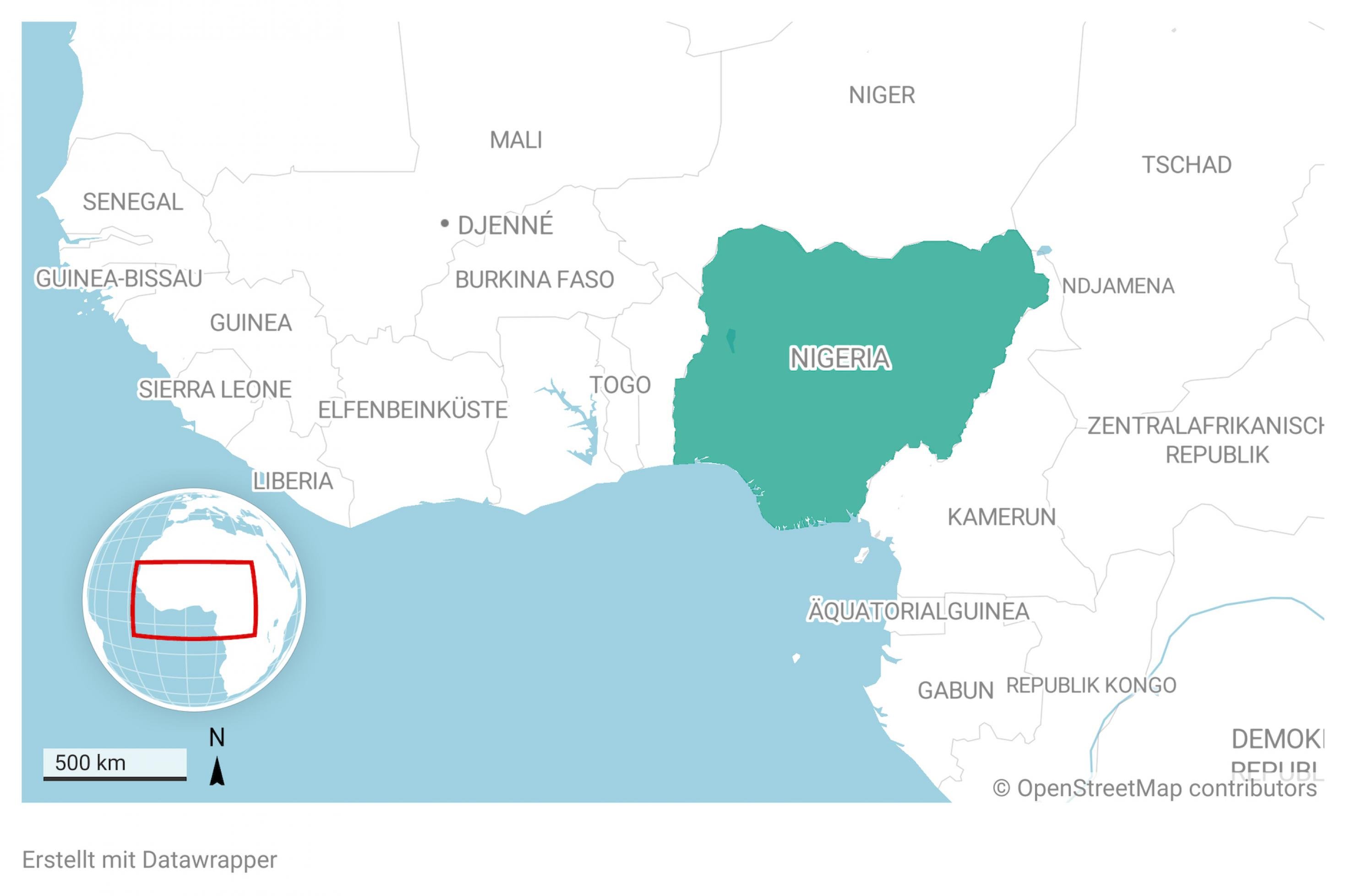 Ausschnitt aus einer Landkarte von Afrika. Das Land Nigeria ist farblich hervorgehoben.