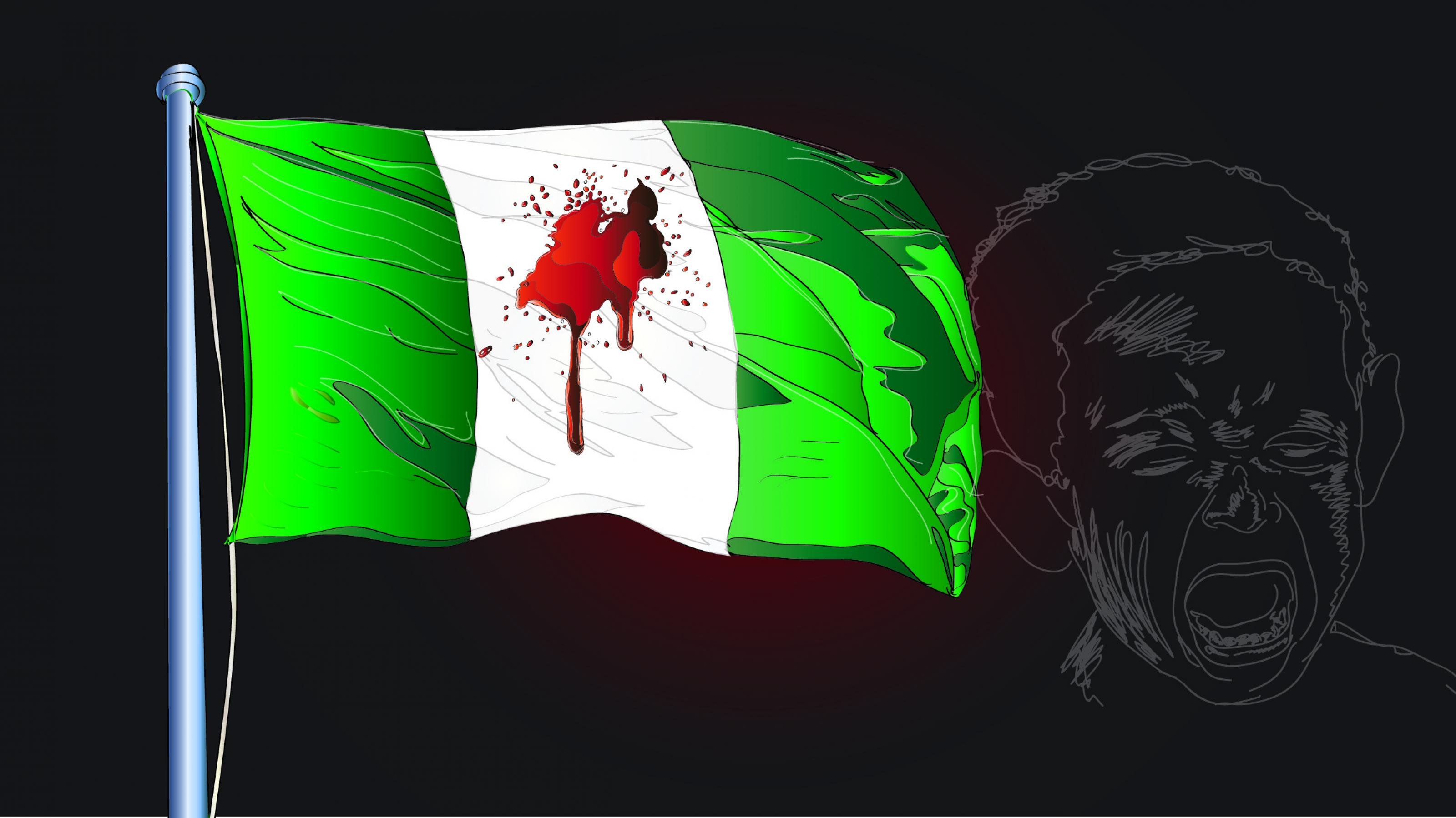 Das gezeichnete Bild zeigt eine Flagge von Nigeria mit Blutspritzern und das weinende Gesicht eines Kindes