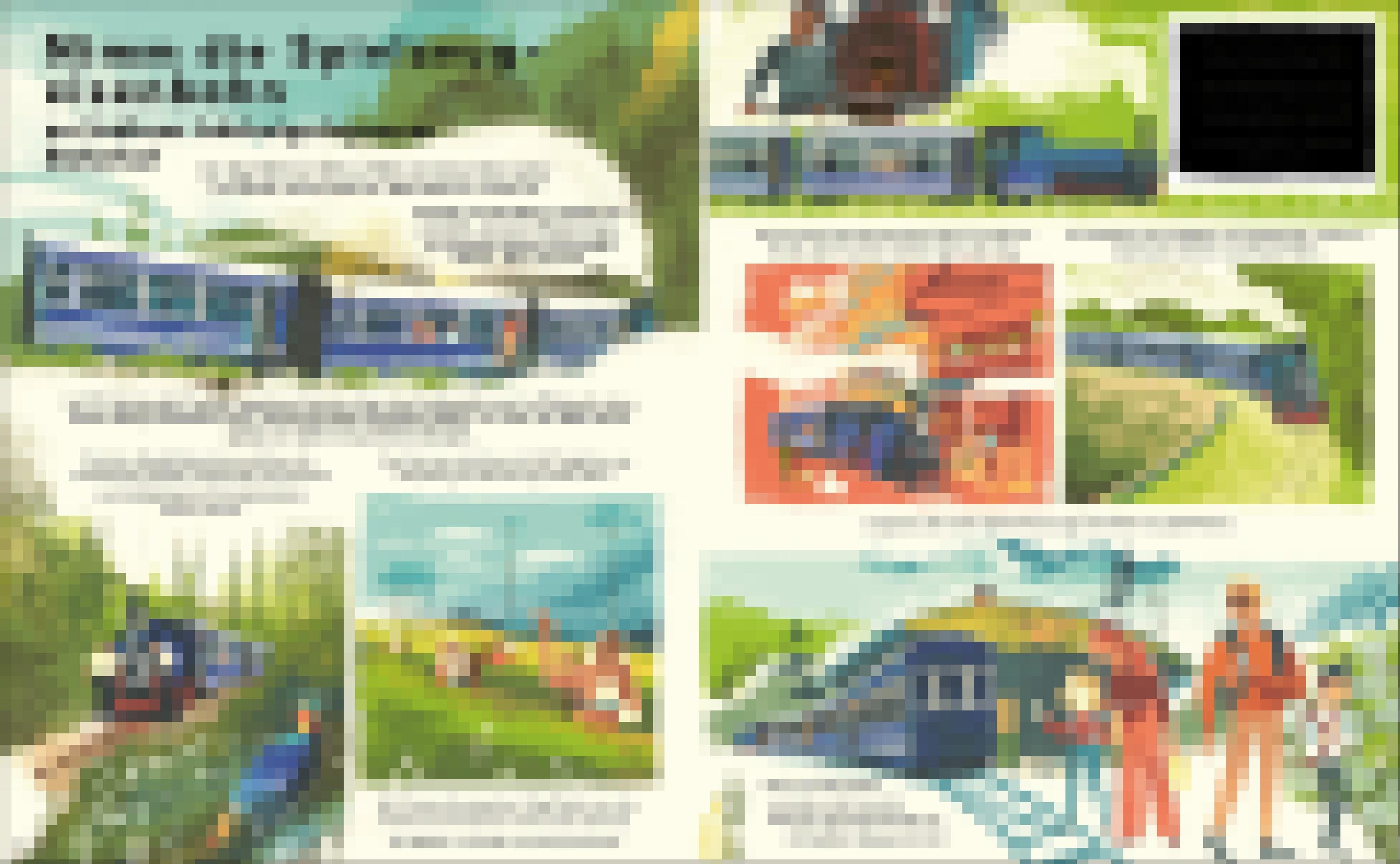 Buchdoppelseite mit mehreren Zeichnungen einer Bahnreise. Darüber der Text: Nimm die Spielzeugeisenbahn zu Indiens höchstgelegenem Bahnhof
