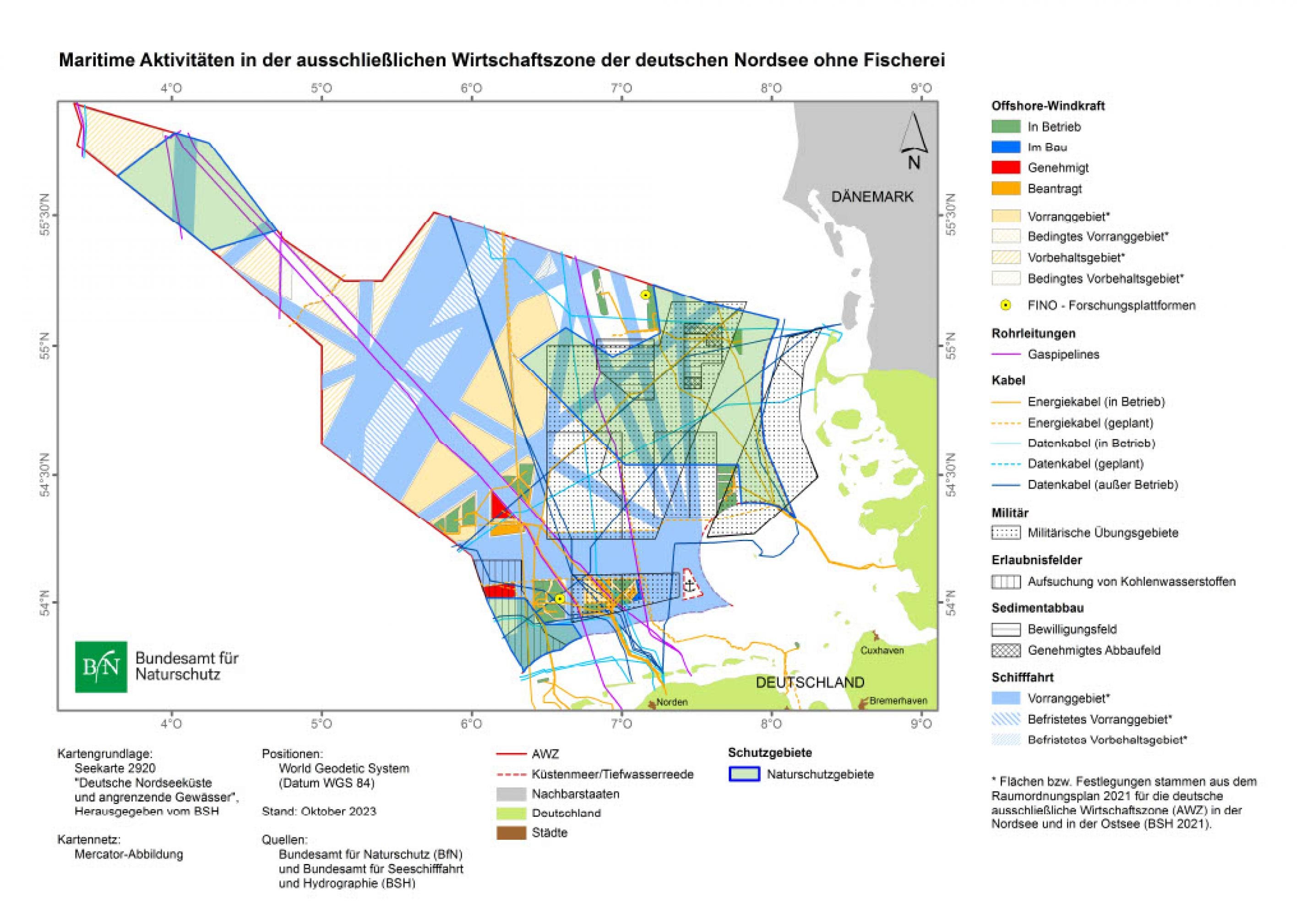 Die Karte der deutsche aussschließliche Wirtschaftszone ist in verschiedenen Farben markeirt. Jede Farbe steht für eine Nutzungsform.