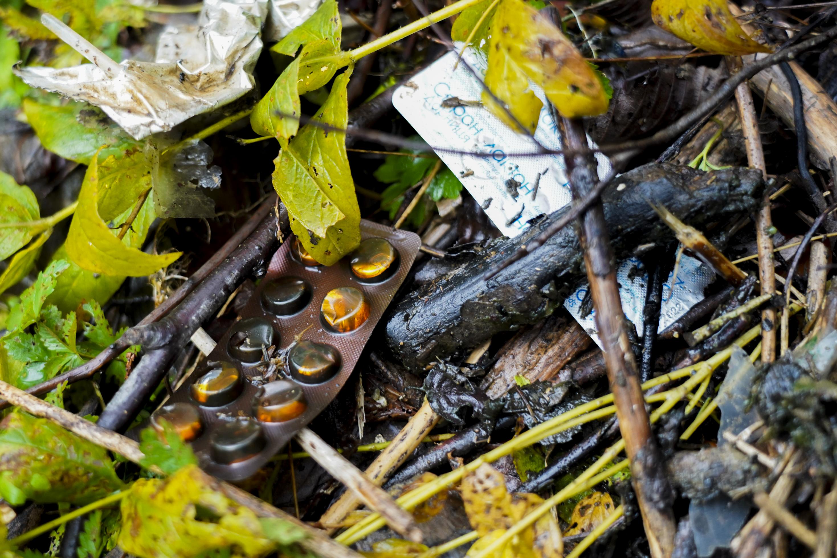 Medikamente sind auch unter dem Müll im Wald.