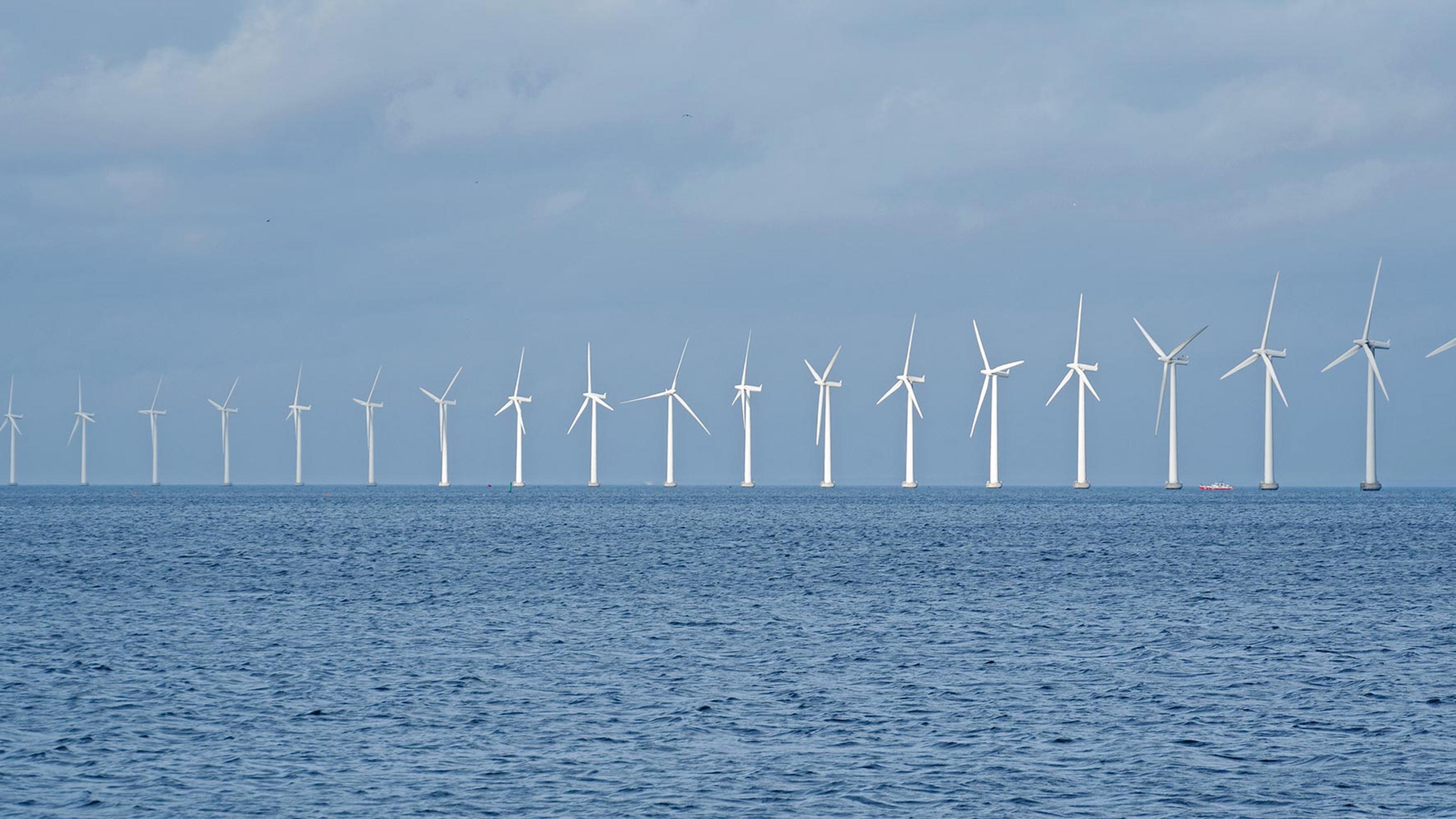 Eine Reihe von Windkraftanlagen im Meer unter bewölktem Himmel