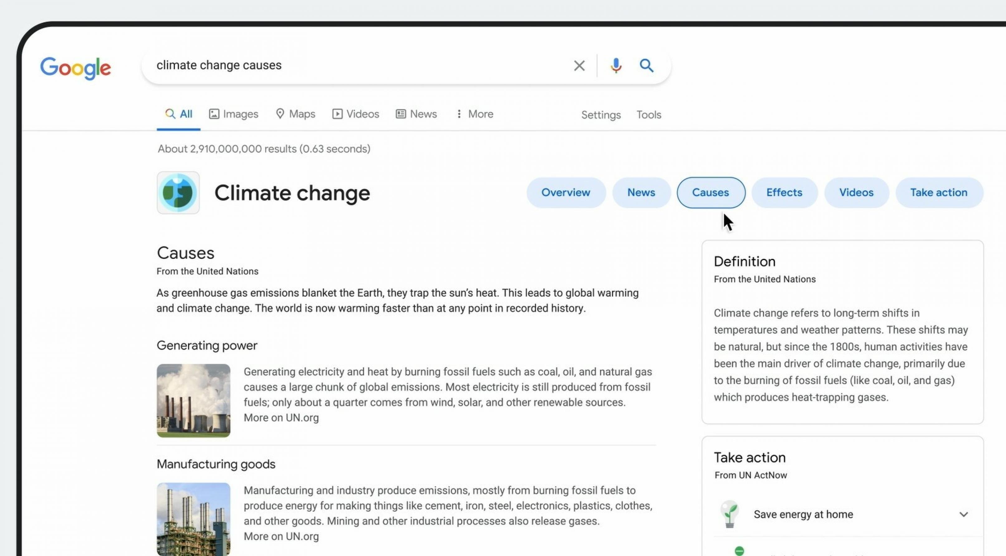 Google zeigt seit Oktober 2021 über verschiedene Reiter wie  „Overview“, „News“ oder „Take Action“ Aspekte des Klimawandels in seiner Suche.