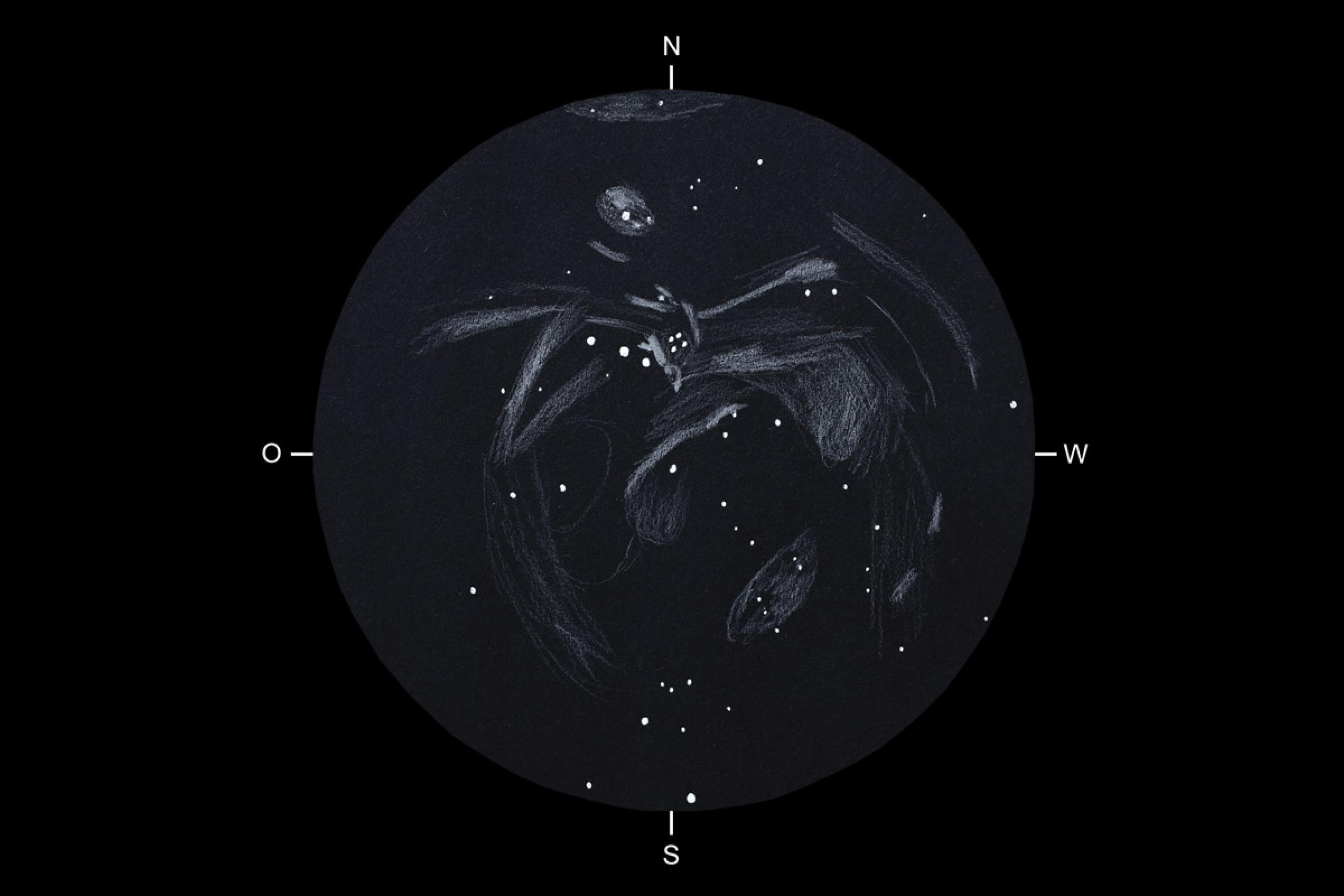 Das Bild zeigt die am Schreibtisch Reinzeichnung des Orionnebels, und entstand auf der Basis der in Einzelschritten beschriebenen Skizze.