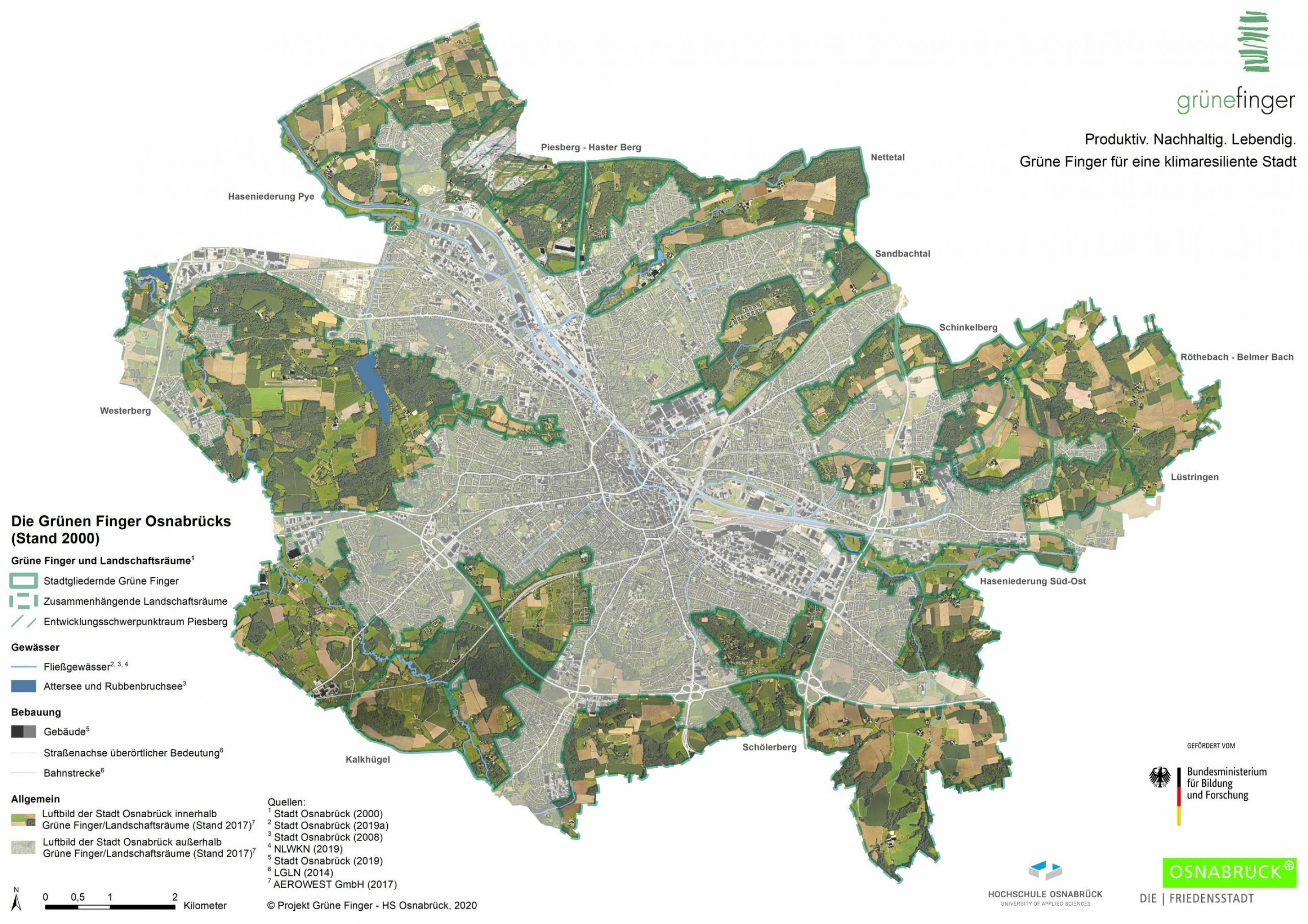 Eine Karte von Osnabrück zeigt die sogenannten „grünen Finger“, Grünflächen im Randbereich der Stadt.