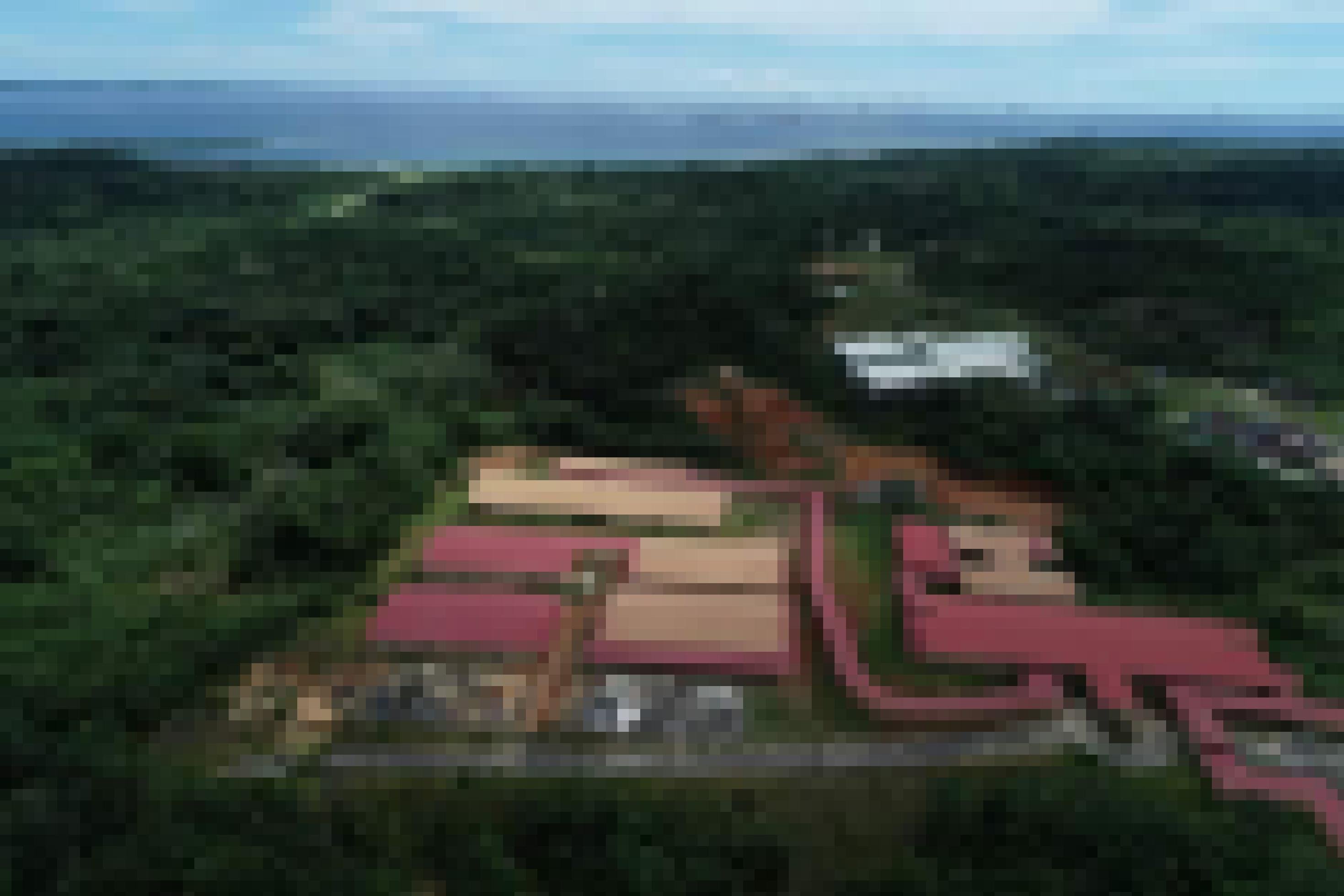 Ein Luftbild von der neuen Schule mit ihren roten Dächern umgeben von Dschungel, dahinter Meer.