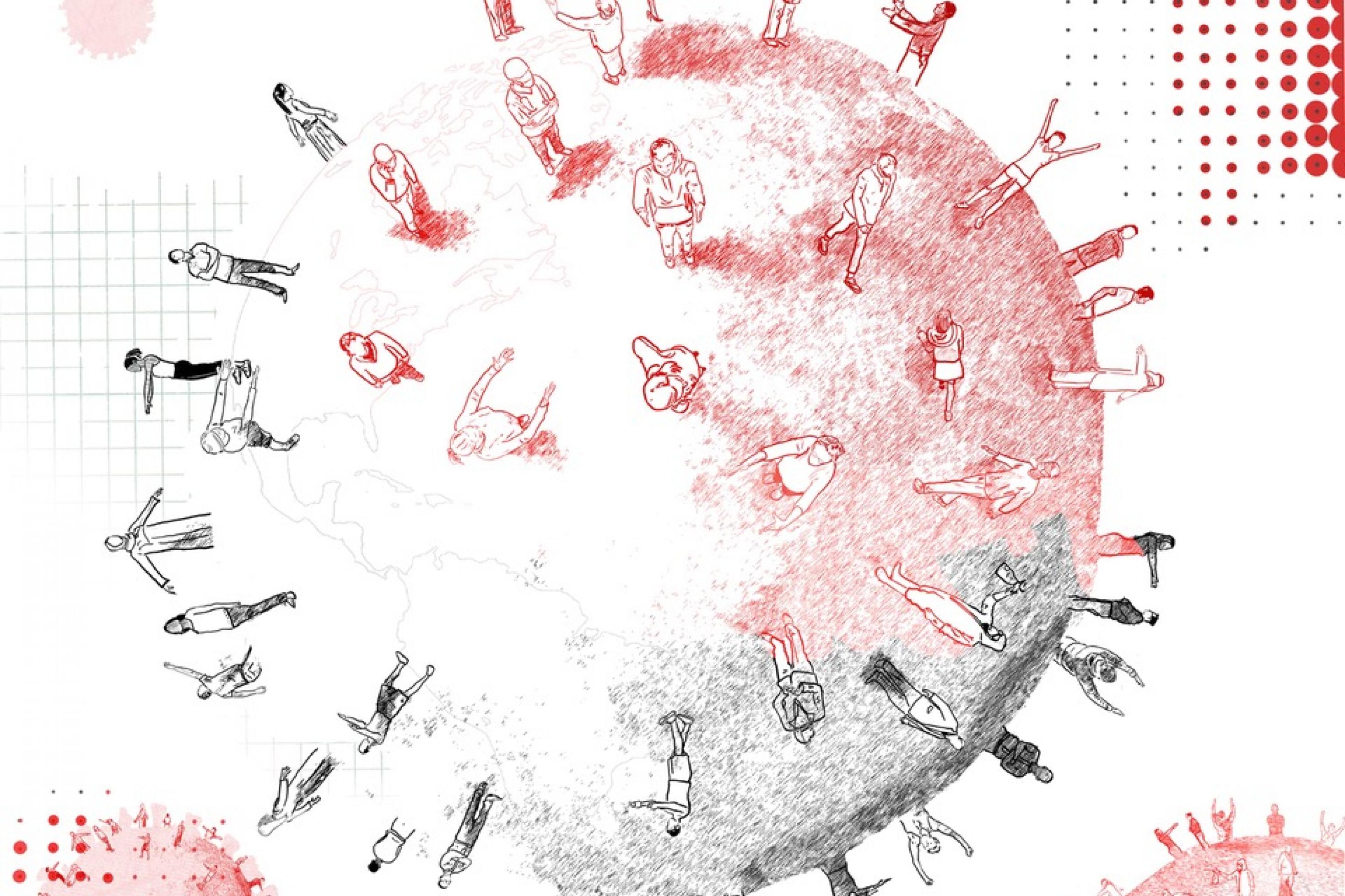Auf dem Titelbild von „Pandemie“ ist eine Zeichnung zu sehen, die einen Globus darstellt. Auf diesem Globus sind in Übergröße Menschen verteilt. Das symbolisiert die aktuelle soziale Trennung ebenso wie das Zusammengehörigkeitsgefühl.