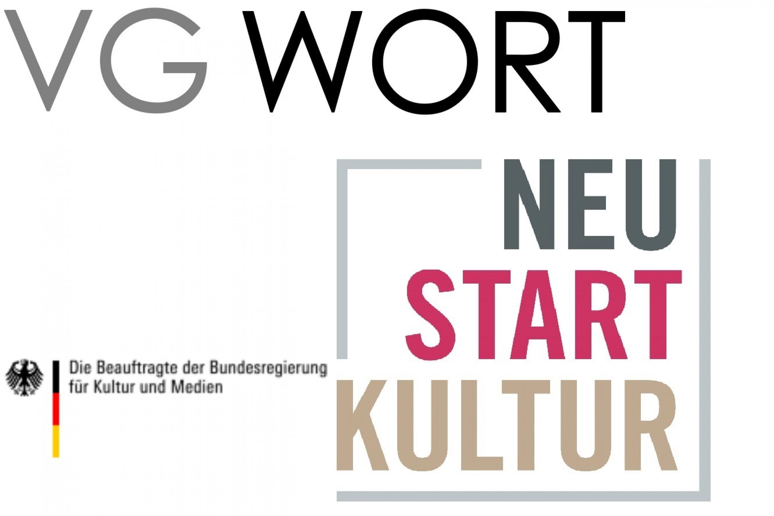 Logo des Förderprogramms „Neustart Kultur“, flankiert von den Signets der „VG Wort“ sowie der Bundesregierung.