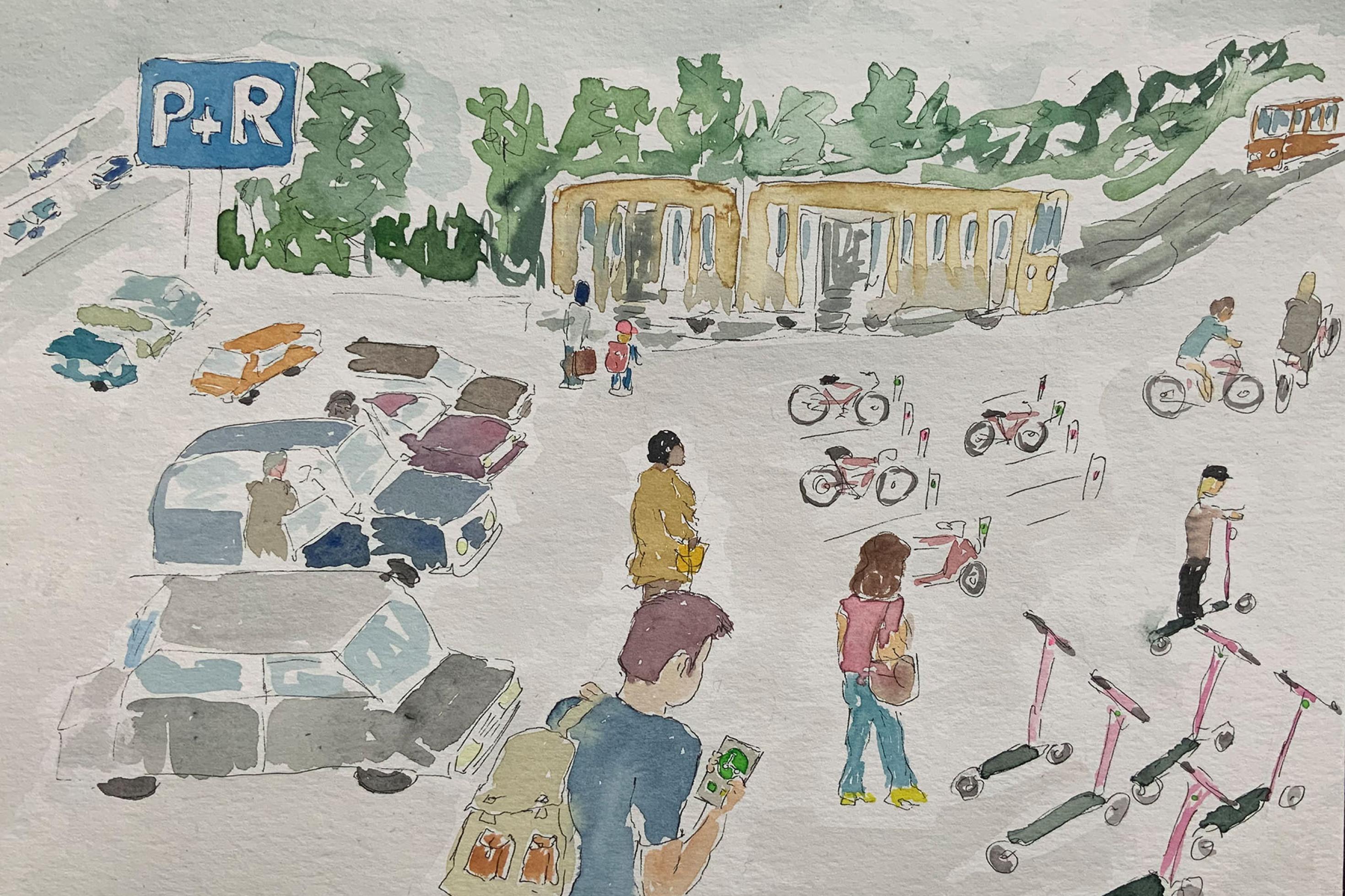 Eine bunte Zeichnung vom Leben in der Stadt: Nur wenig Parkplätze, dafür mehr Fahrräder, spielende Kinder.