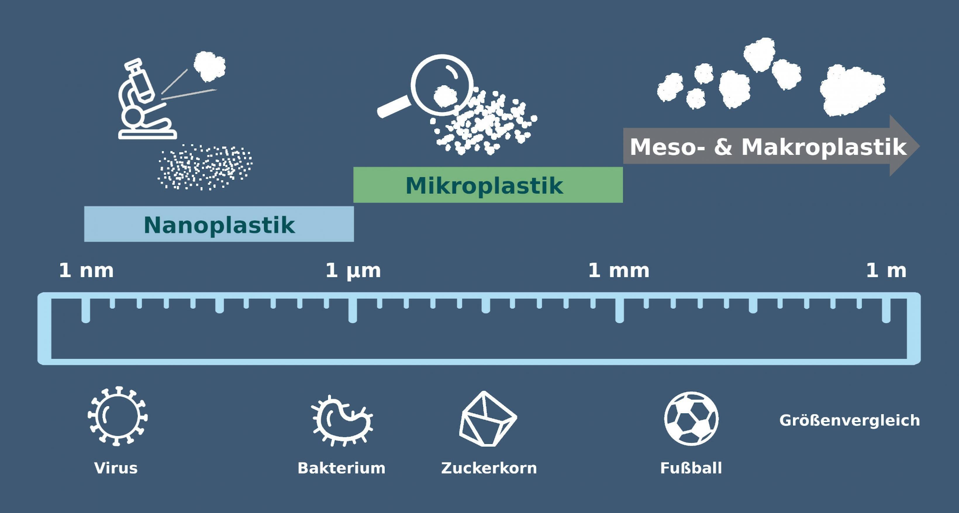 Ein Lineal mit der Skala von Nanometer bis Meter verbildlicht die Einteilung von Plastikpartikeln in Nano- und Mikroplastik sowie Meso- und Makroplastik. Zum Größenvergleich sind angegeben: ein Virus (Nanometerbereich), ein Bakterium (kleiner Mikrometerbereich), ein Zuckerkorn (mittlerer bis hoher Mikrometerbereich) sowie ein Fußball (Zentimeterbereich).