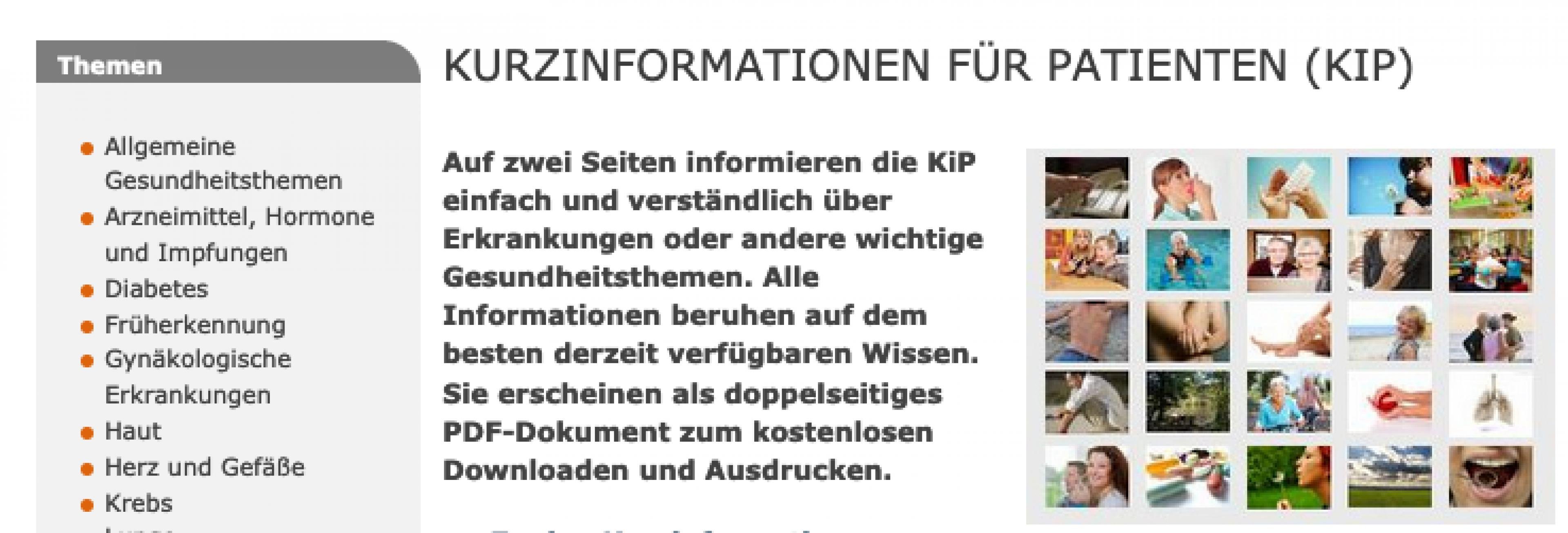 Screenshot der Website www.patienten-information.de – Kurzinformationen für Patienten (KIP). Zu sehen ist der Startbildschirm mit einer kurzen Erklärung und Navigationselementen