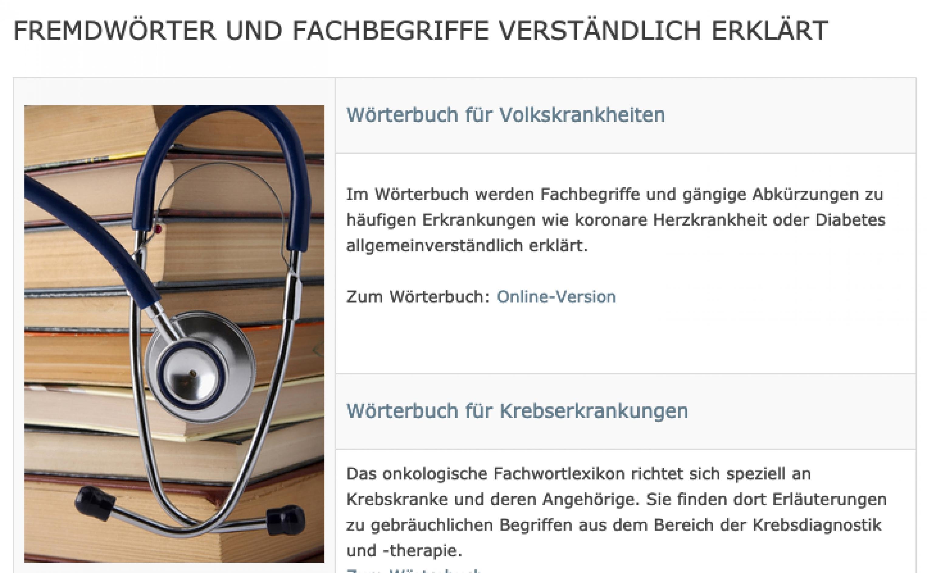 Screenshot der Website www.patienten-information.de. Zu sehen ist der Startbildschirm des Bereichs „Wörterbücher“: für Volkskrankheiten und Krebserkrankungen
