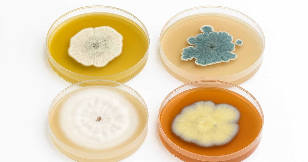 Vier flache Plastikschalen, auf denen verschiedenfarbige Schimmelpilzkulturen wachsen.