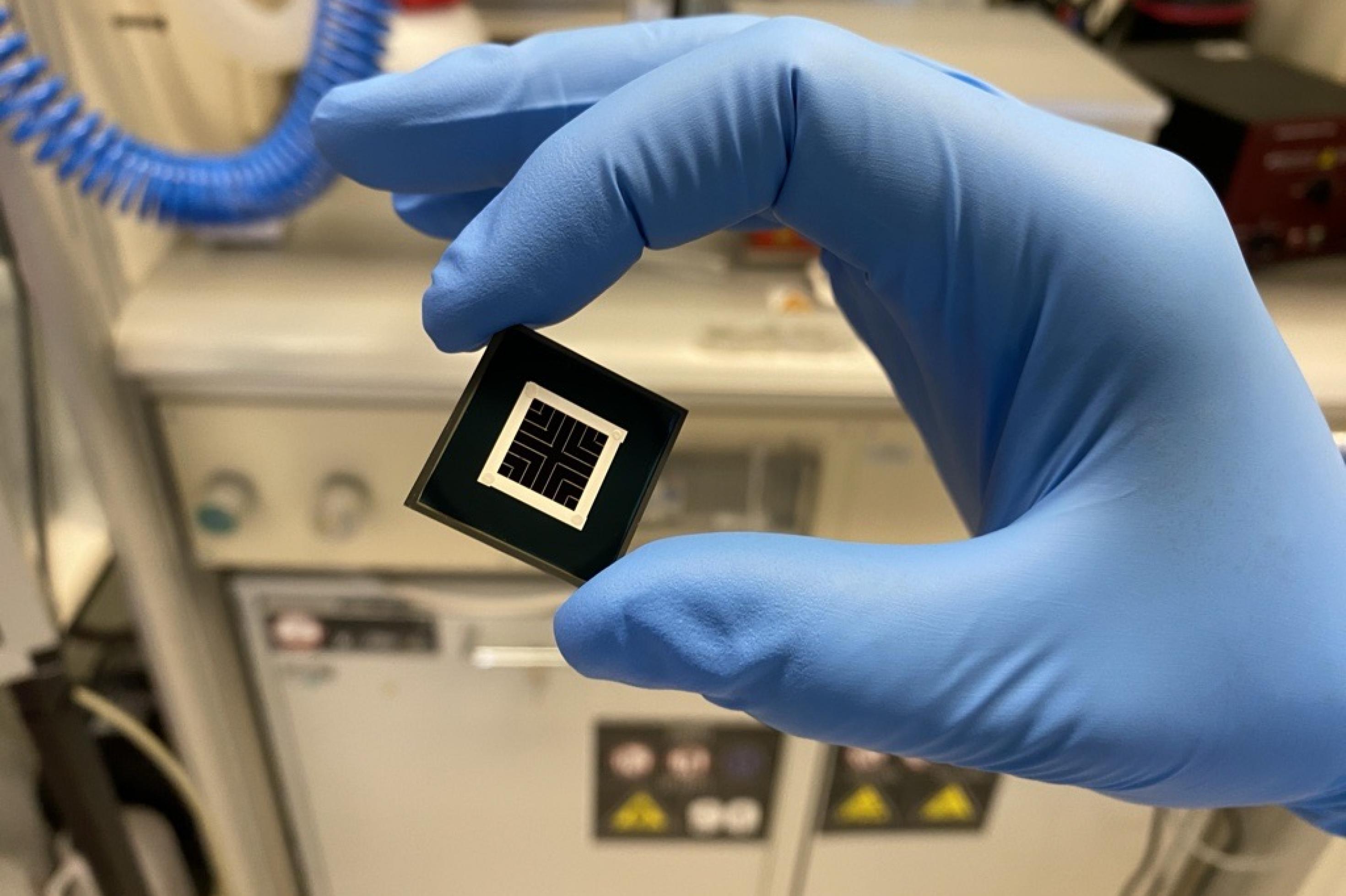 Hand mit blauem Gummihandschuh hält eine ein Quadratzentimeter große Solarzelle