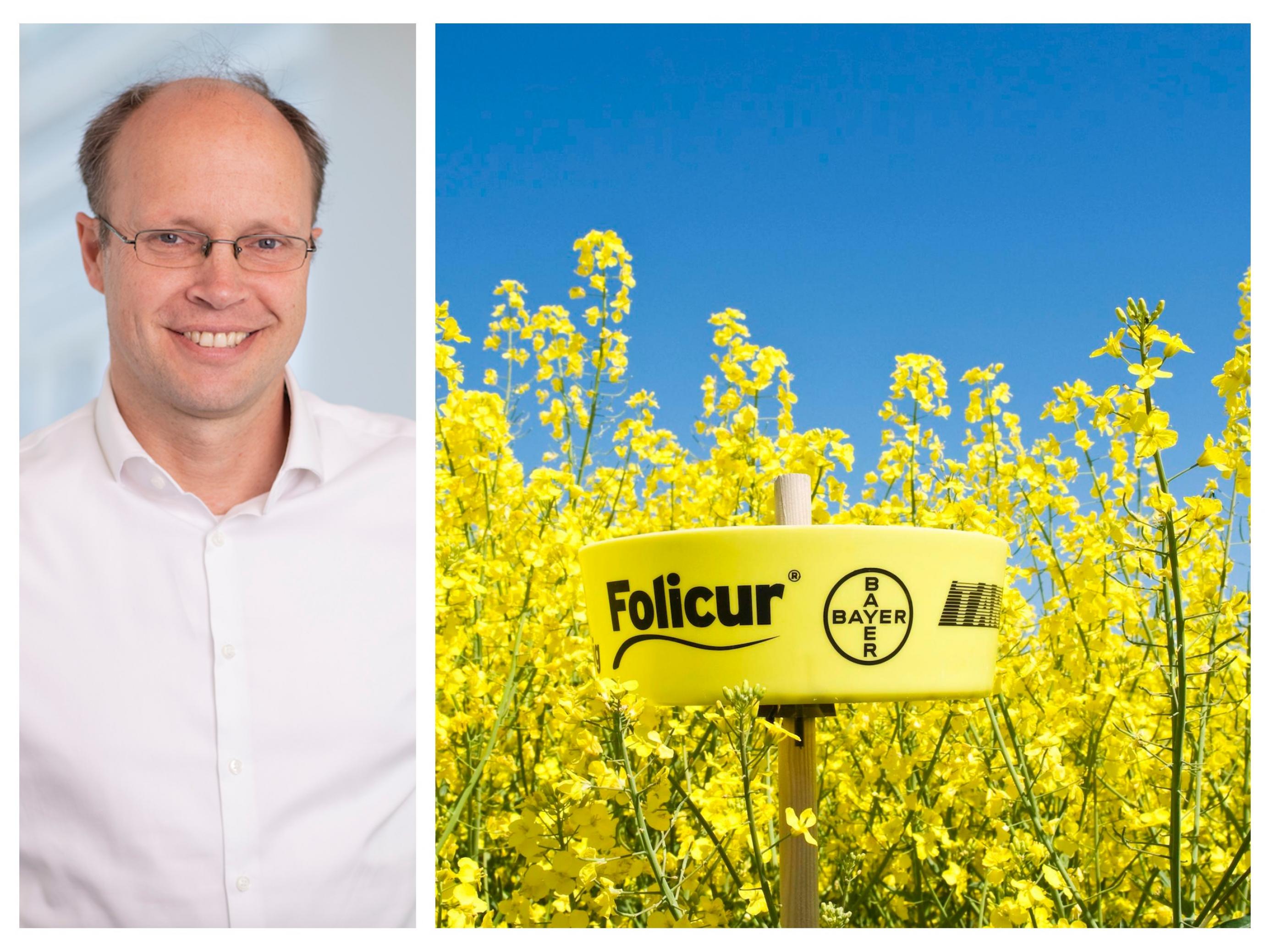 Links Manager Kunz, mittelalter lächelnder Mann, rechts Leuchtend gelbe Rapspflanzen gegen blauen Himmel, davor ein gelbes Schild mit der Aufschrift Folicur und Bayer