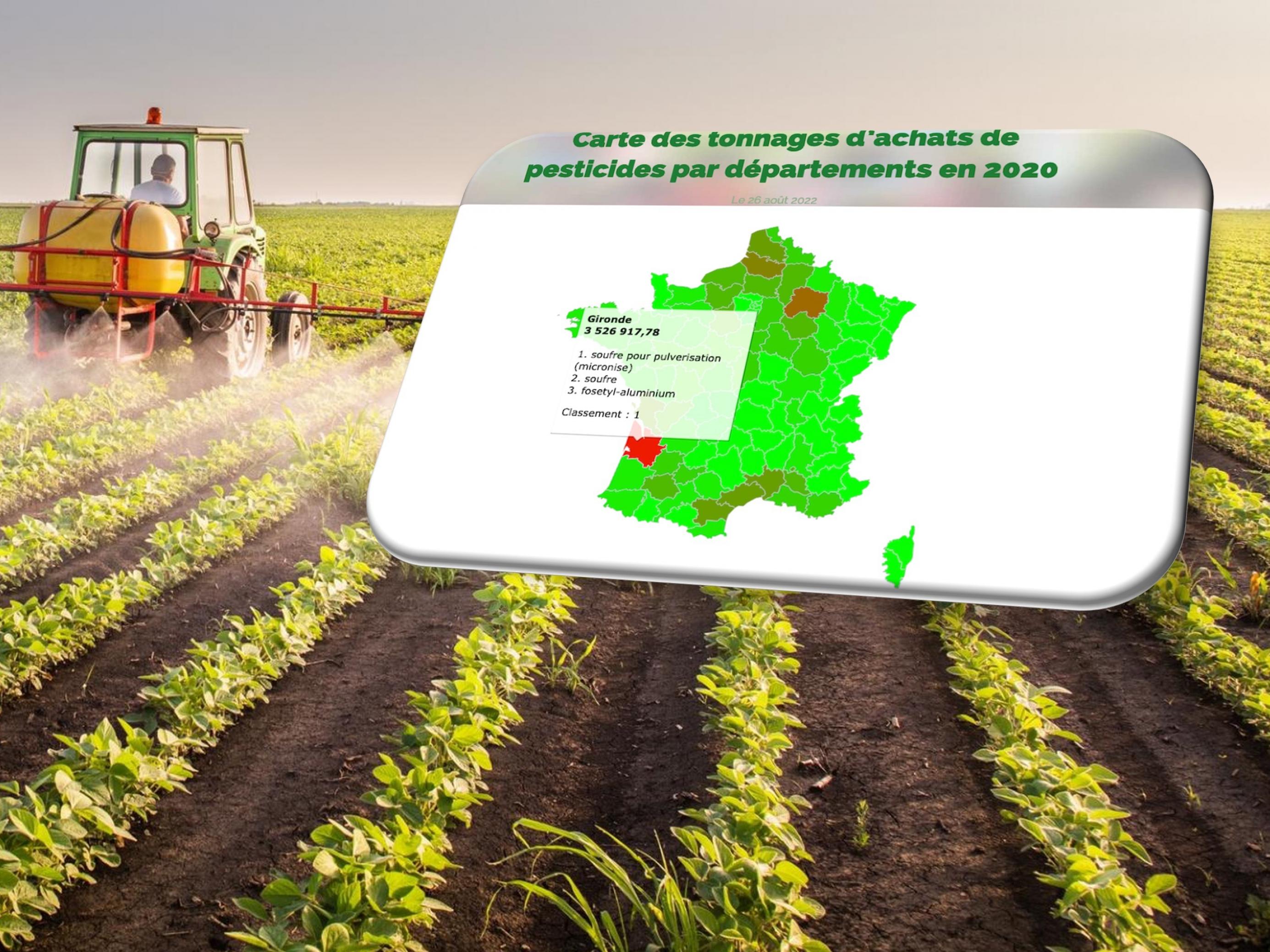 Das Bild zeigt eine Karte zum Pestizideinsatz in Frankreich, publiziert von der französischen Umweltorganisation Générations Futures". Spitzenreiter ist die Weinregion um Bordeaux