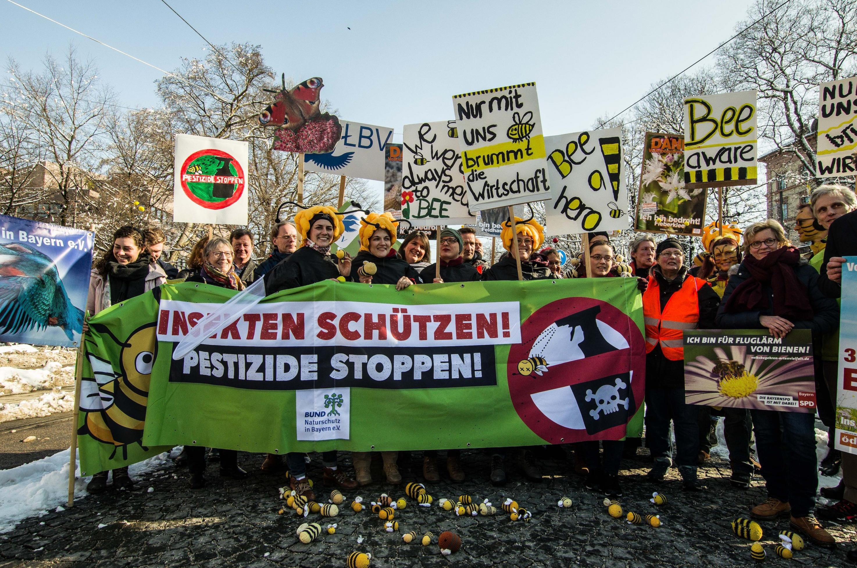 Demonstrantinnen und Demonstranten mit Bannern und Plakaten wie „Insekten schützen, Pestizide stoppen“ oder „Nur mit uns brummt die Wirtschaft“. Manche sind als Bienen verkleidet.