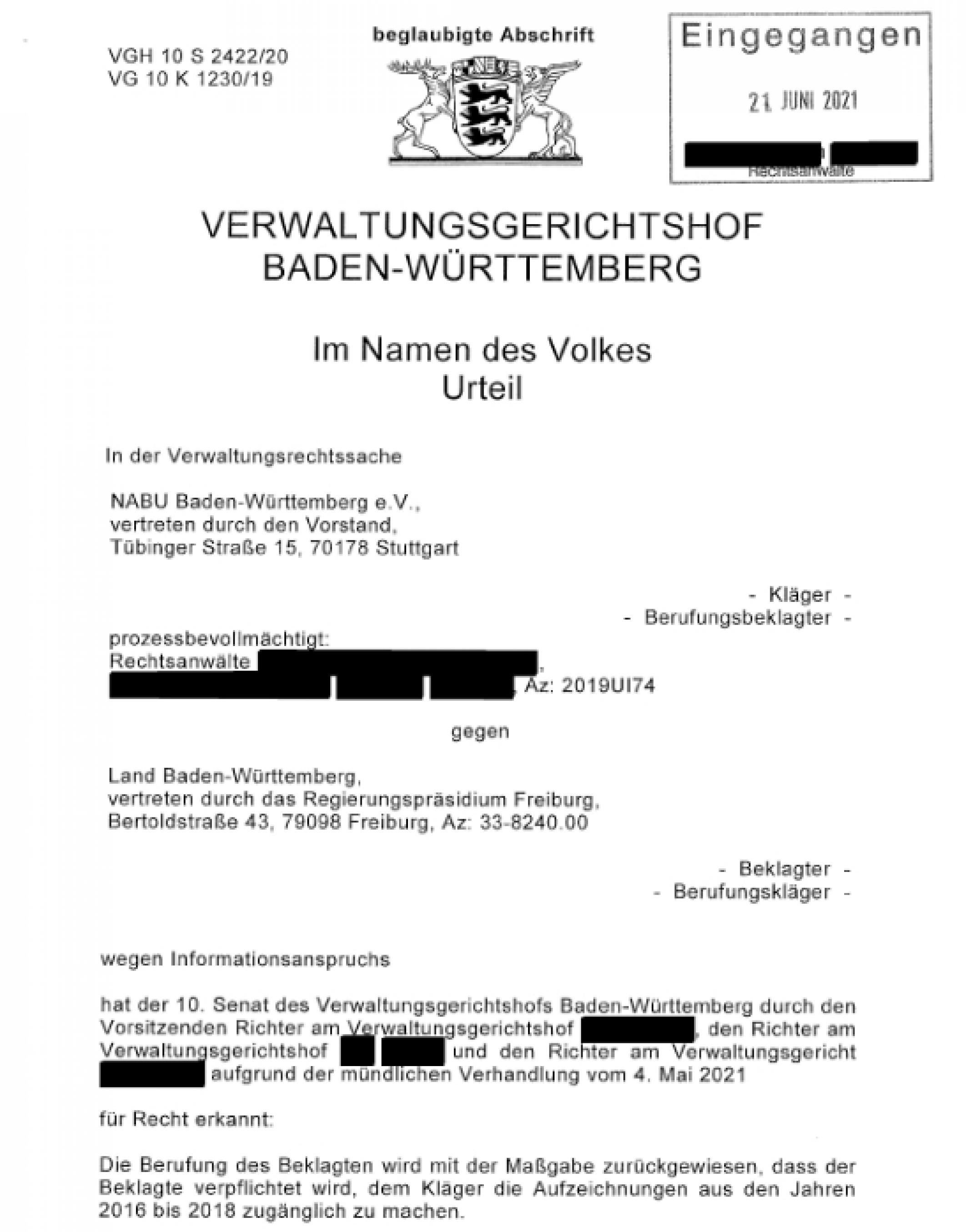 Ein GrundsDas Bild zeigt die erste Seite des Urteil zum Pestizidstreit, erstritten vom NABU gegen das Land Baden Württemberg