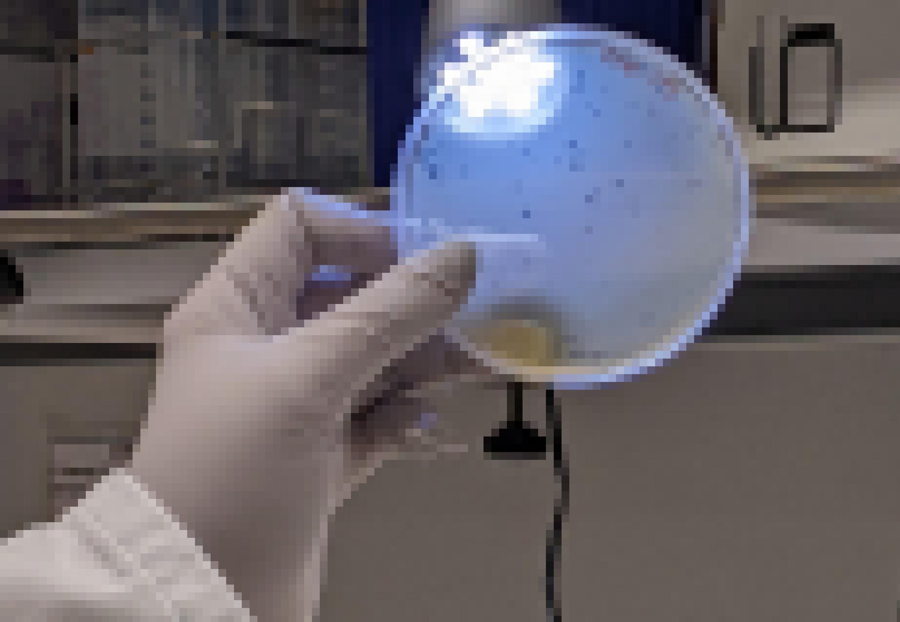 Eine Hand in einem weißen Gummihandschuh hält eine Petrischale in die Höhe. In dem weißlichen Inhalt sind viele kleine Punkte erkennbar. weißlichen Inhalt