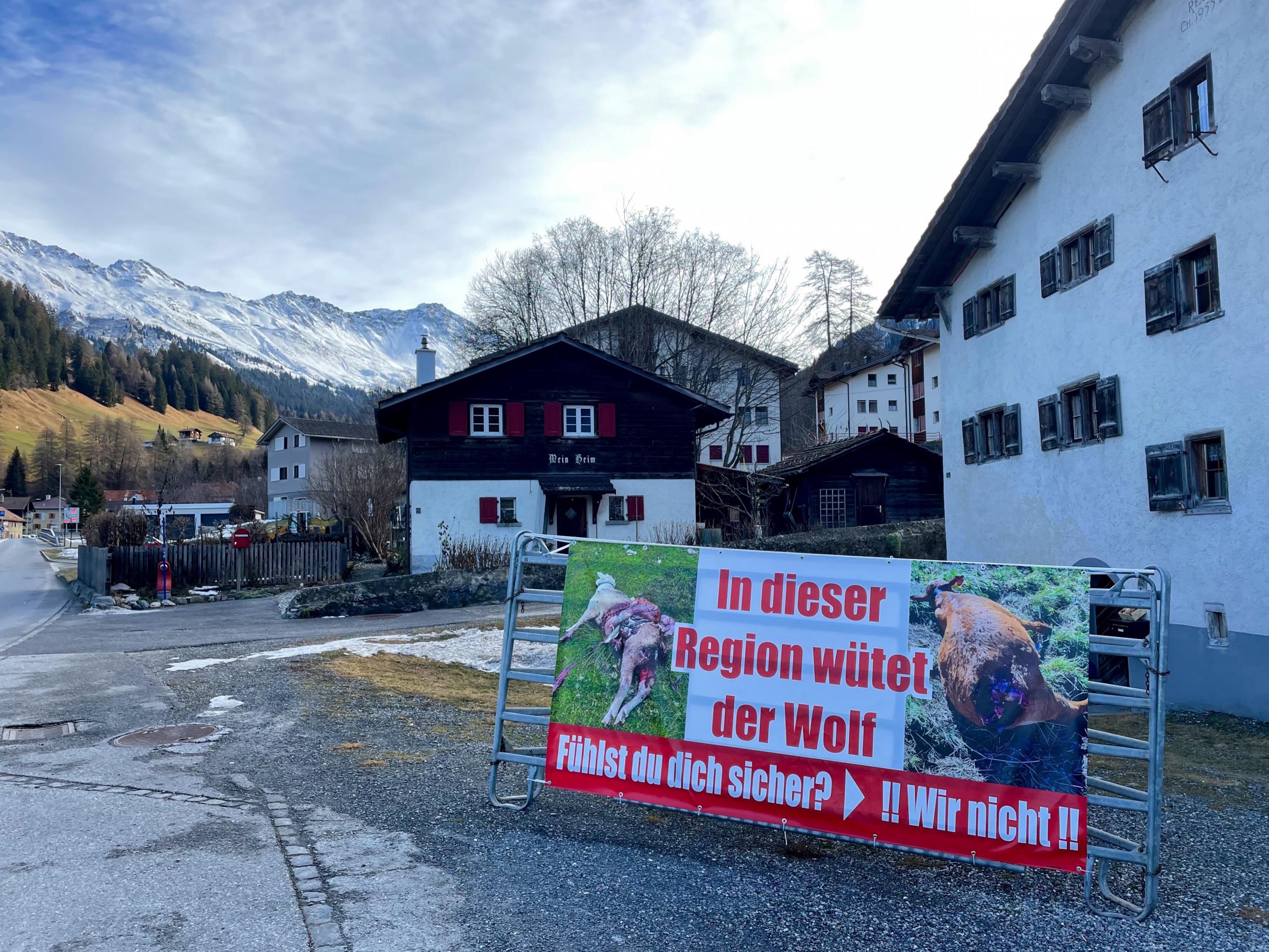 Ein Plakat von Wolfsgegner in einem Dorf. Auf dem Plakat steht: "In dieser Region wütet der Wolf. Fühlst du dich sicher? Wir nicht!!"