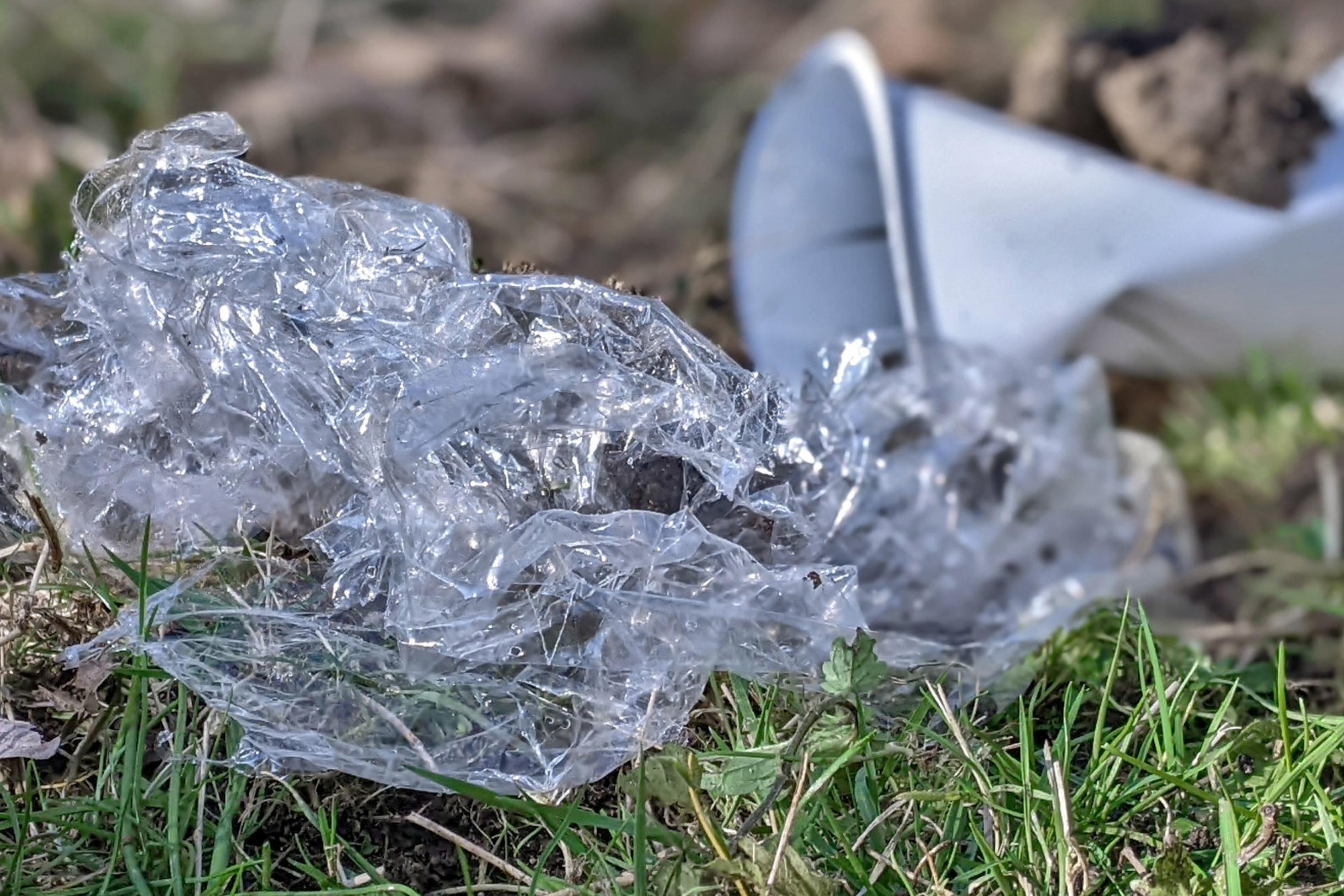 Ein durchsichtige Kunststofffolie und ein weißer Plastikbecher liegen im Gras.