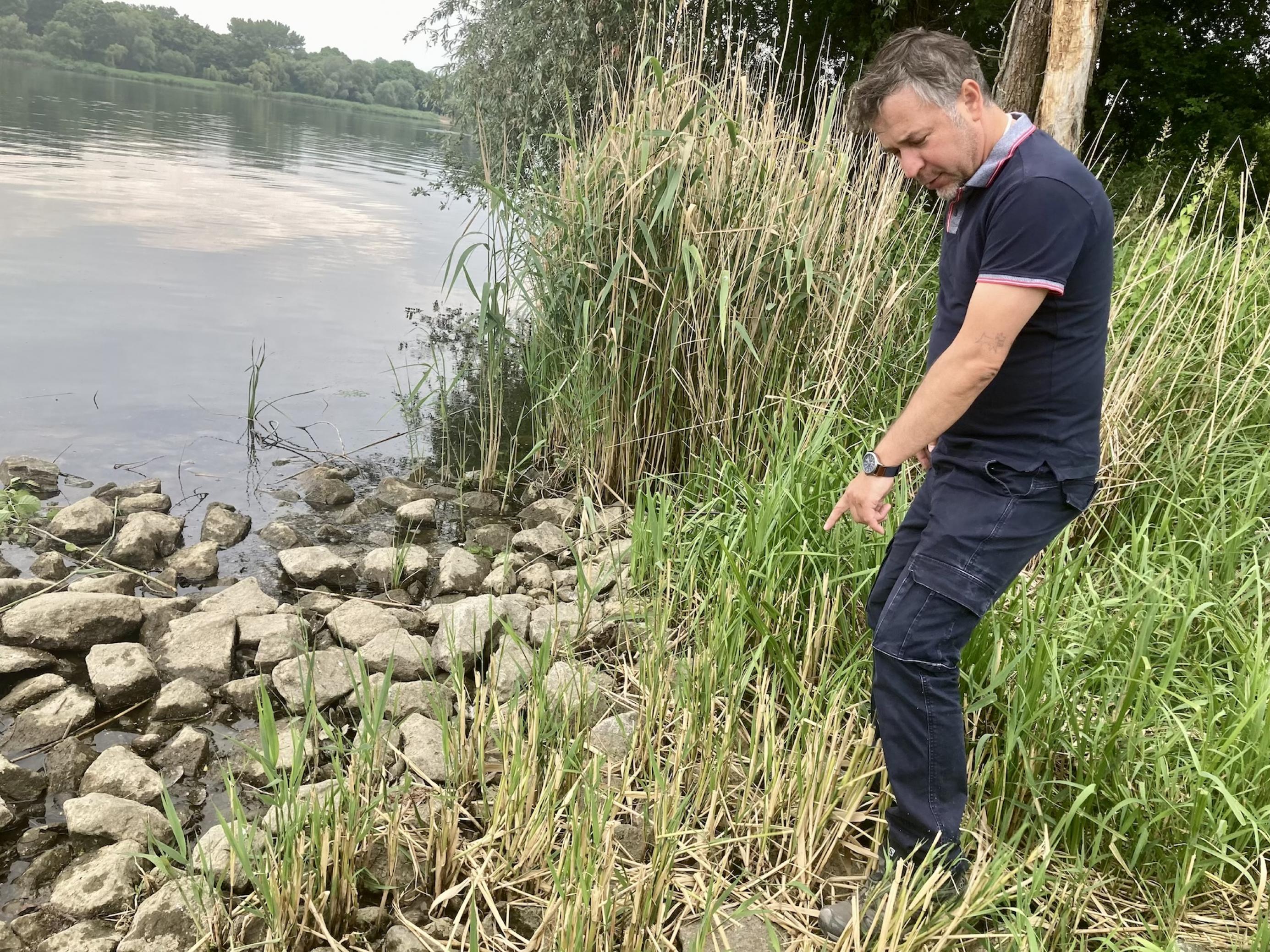 Foto an der Oder, Dominik Marchowski zeigt auf den Boden, wo Muschelschalen zu sehen sind.