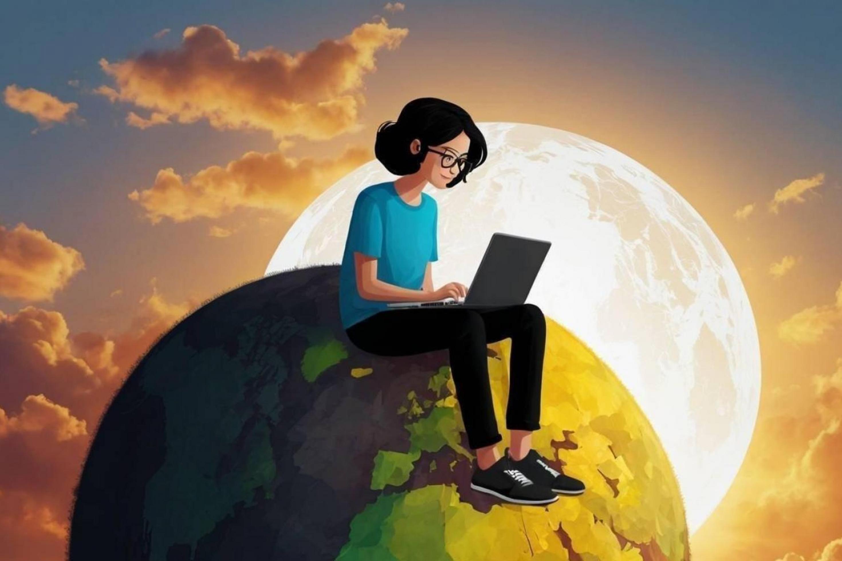 Junge Frau sitzt auf einer Weltkugel und tippt in ihren Laptop.