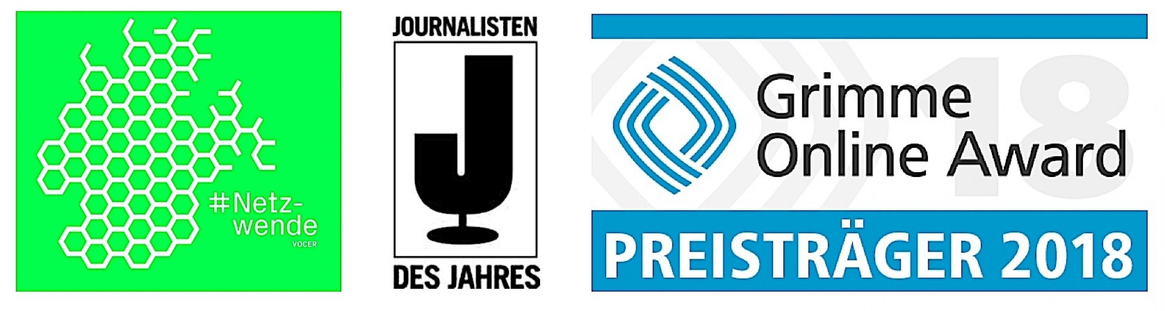 Die Logos der Preise die RiffReporter erhalten hat: Netzwende-Award, Journalisten des Jahres, Grimme Online Award.