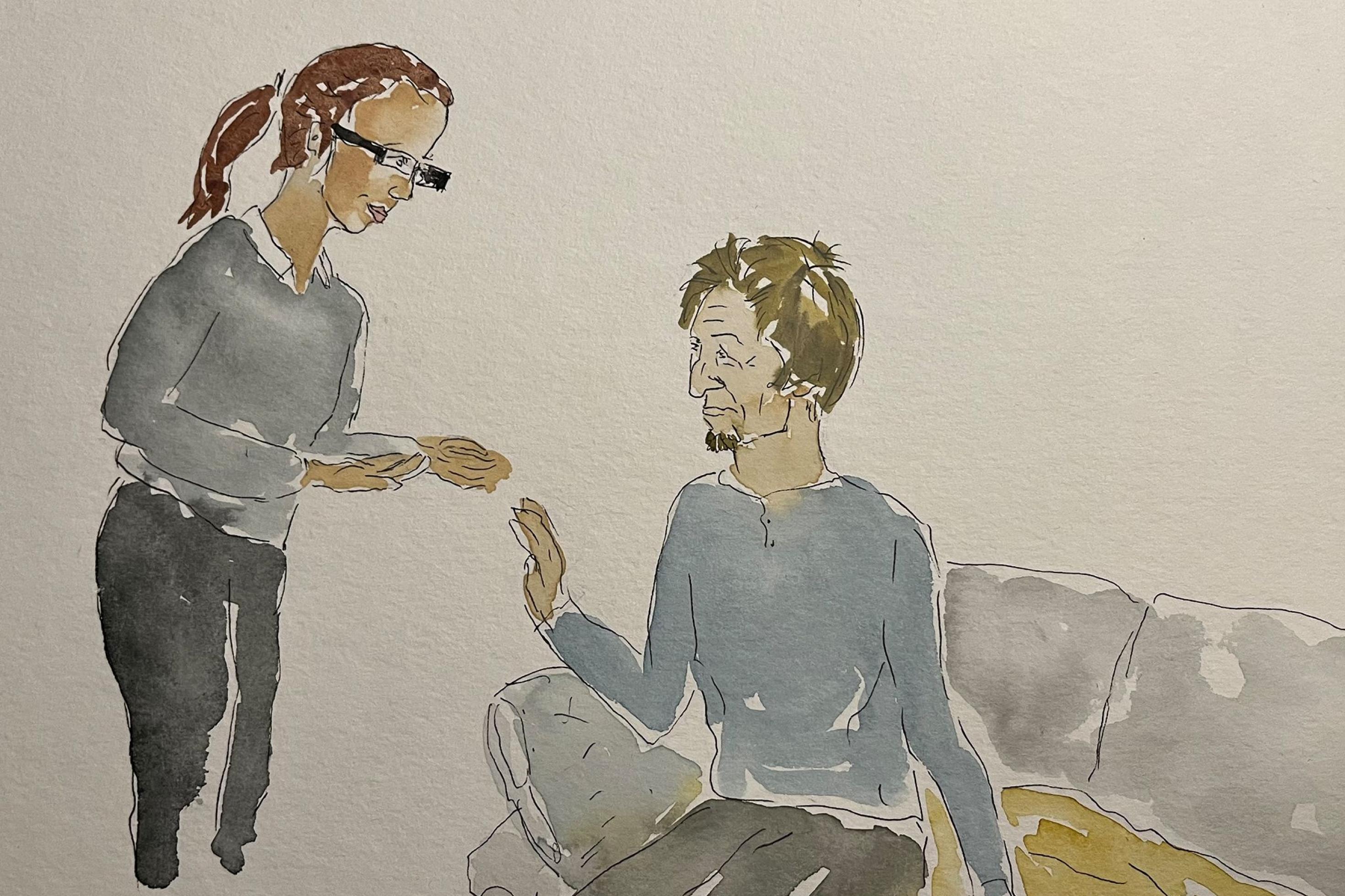 Die Zeichnung zeigt eine Frau in Arbeitskleidung, die mit einem alten Mann spricht. Er sitzt auf einem Sofa und wehrt mit der Hand ihre Hilfe ab.
