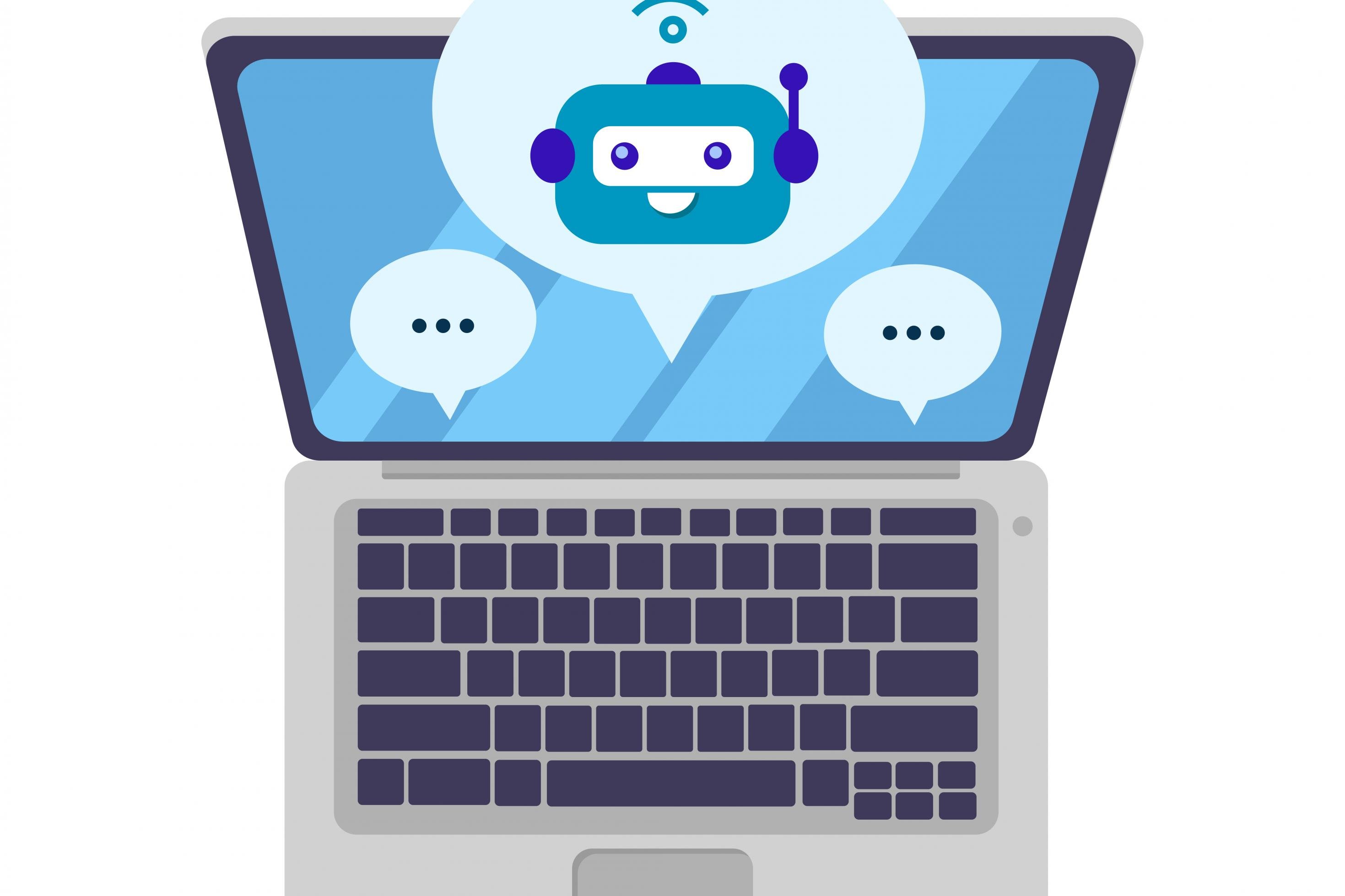Comic-Bild eines Laptops, auf dem drei Sprechblasen abgebildet sind. In einer der Sprechblasen sieht man den Kopf eines Roboters.