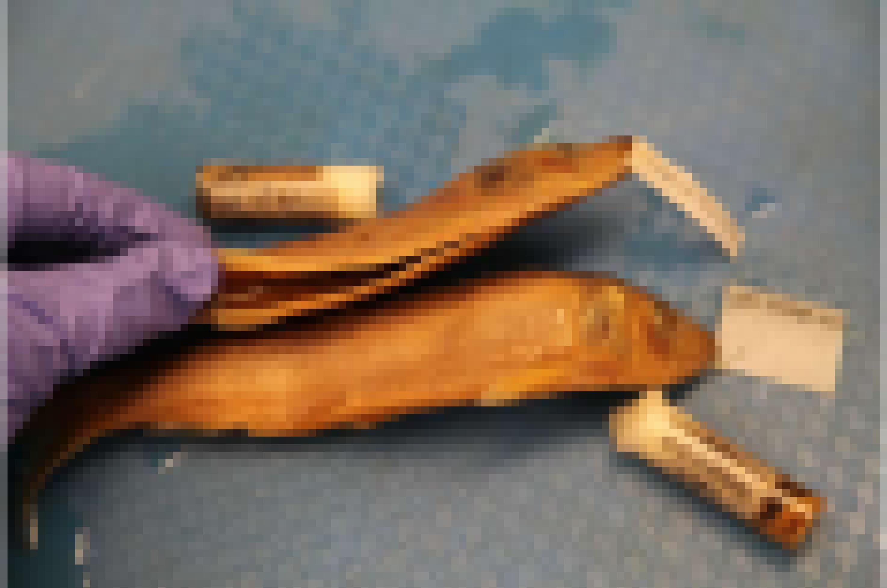 Zwei bräunliche Fischpräparate liegen auf einer Plastikunterlage. Sie tragen Schilder mit einer Beschriftung. Ein Fisch wird von einer Hand in einem Plastikhandschuh gehalten.