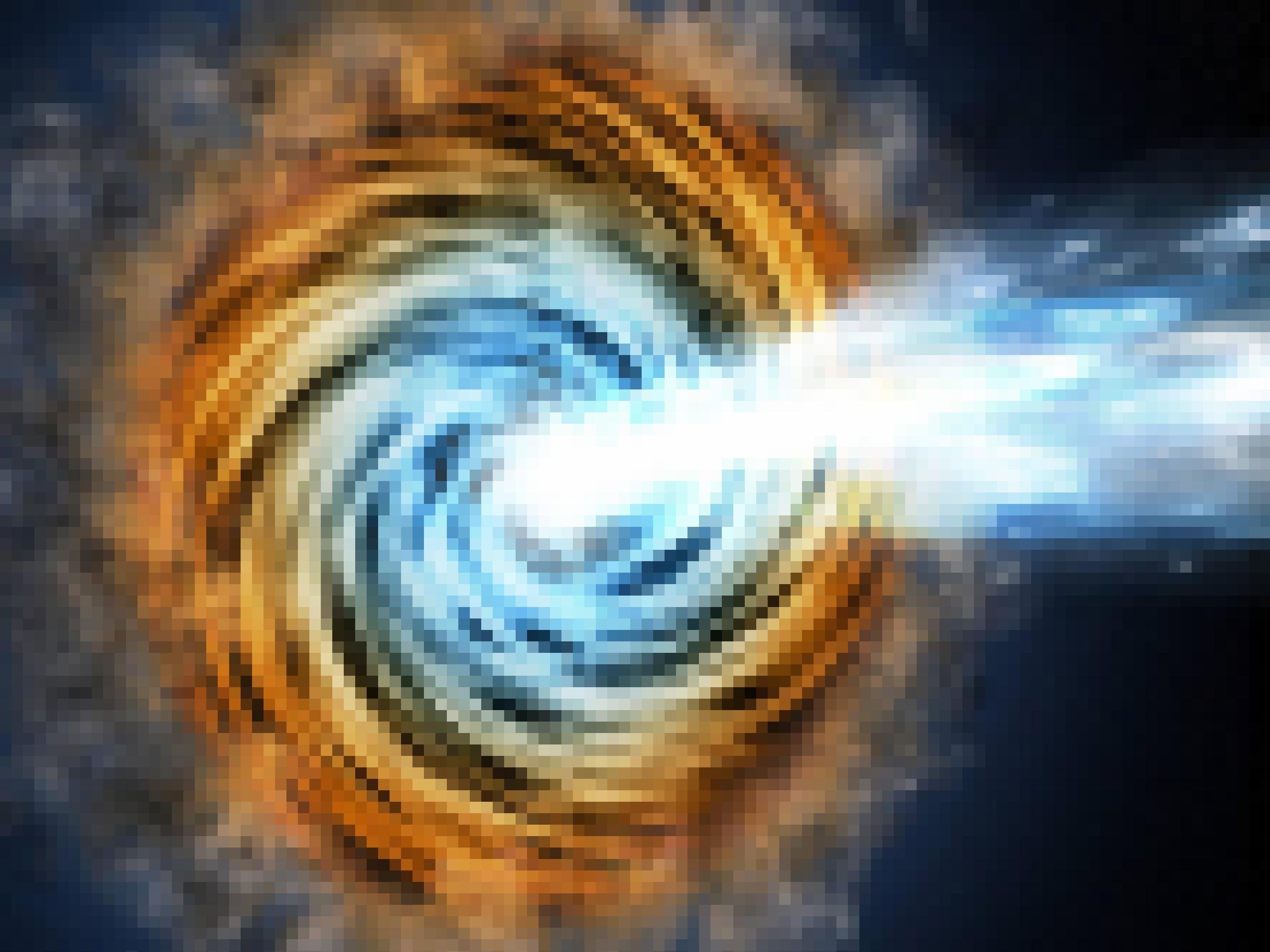 Illustration eines „Blazars“ – eines aktiven supermassiven Schwarzen Loches, dessen Strahlen in Richtung Erde leuchten und der deshalb besonders hell erscheint