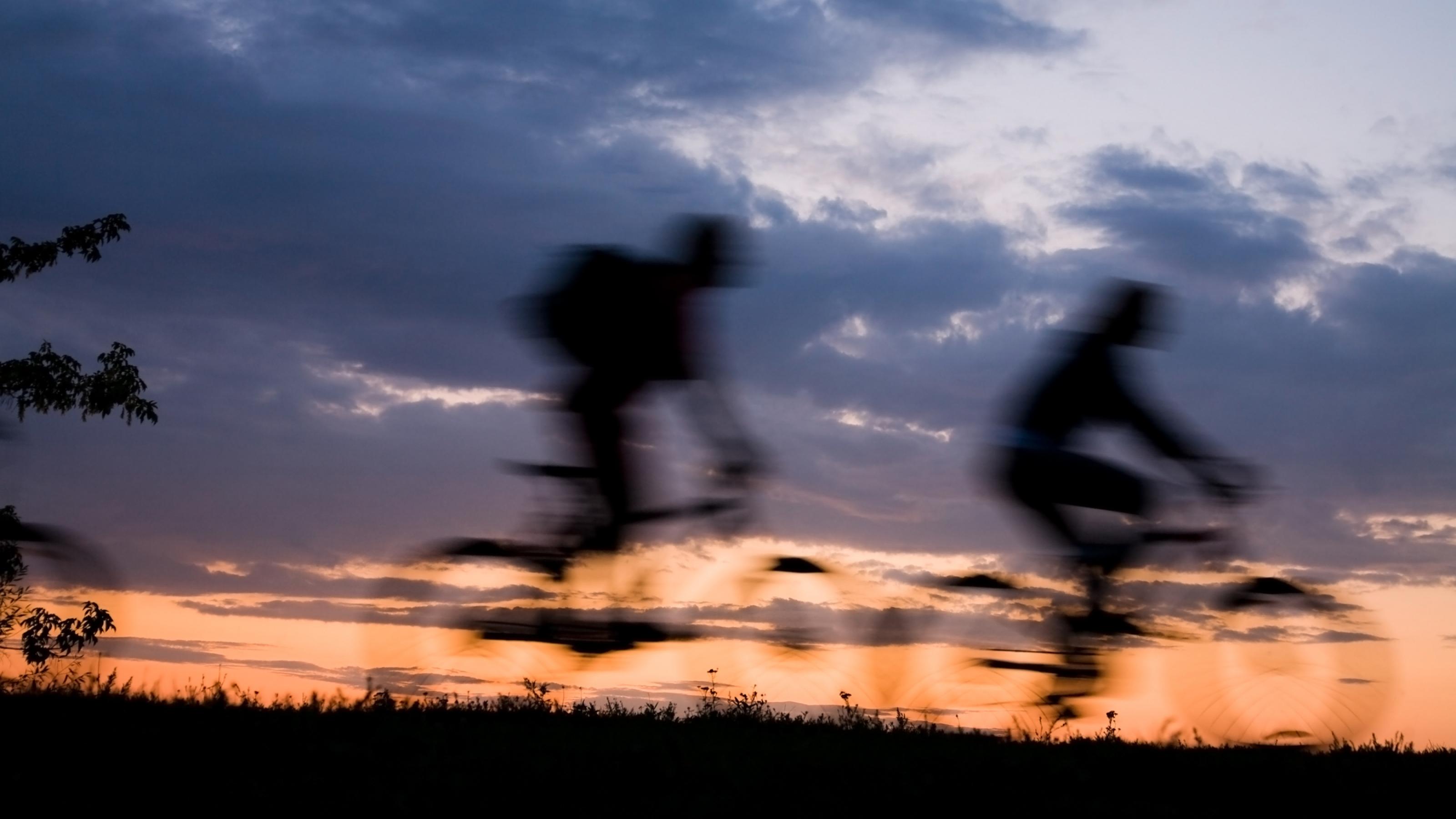 Das Bild zeigt die Umrisse von zwei Radfahrern im Abendlicht in freier Landschaft. Es vermittelt ein Gefühl der Freiheit, mit dem Fahrrad unterwegs zu sein.