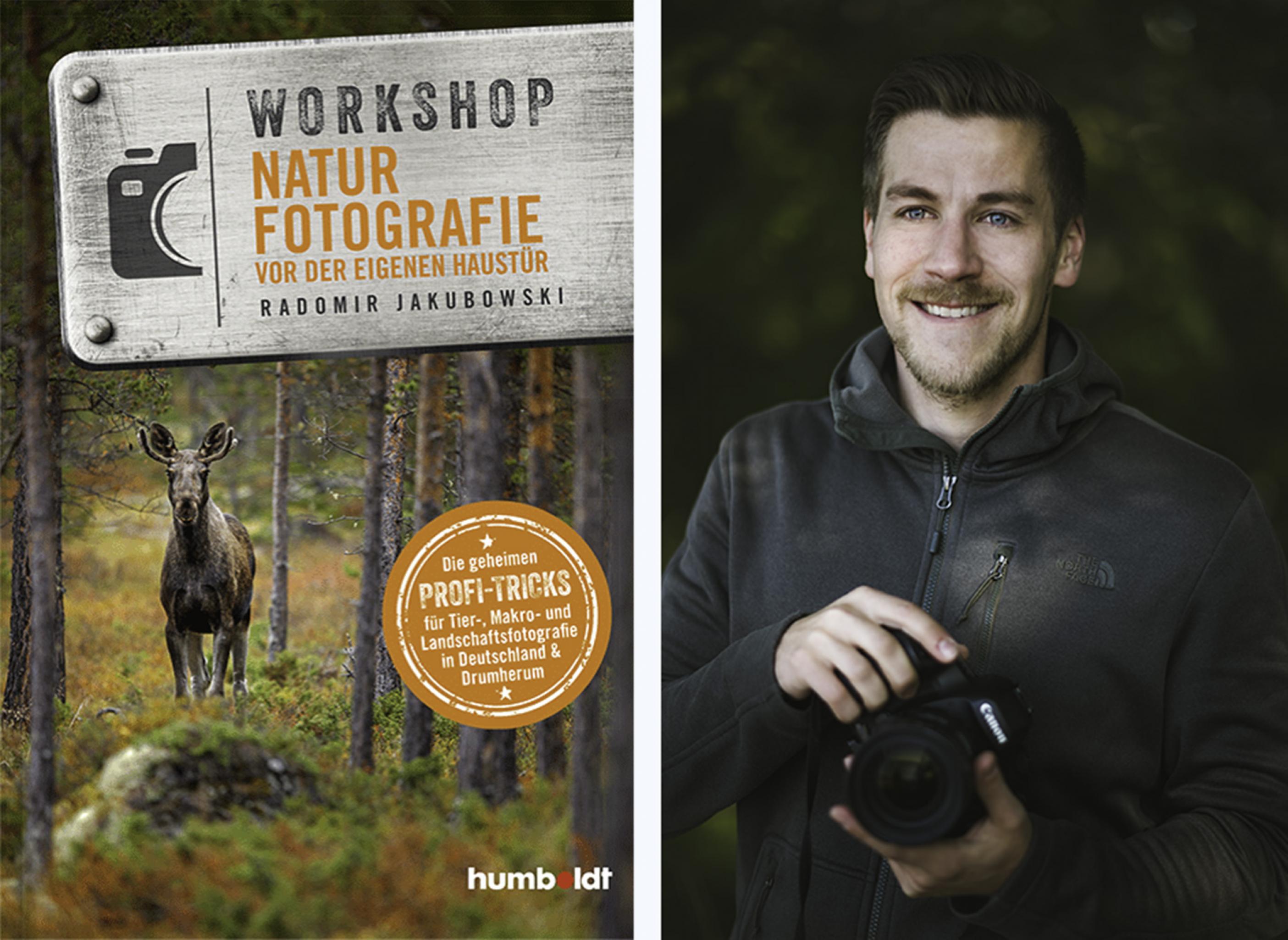 Linke Seite: Das Cover des Buches. Rechte Seite: Der Autor im Wald mit einer Kamera in der Hand.
