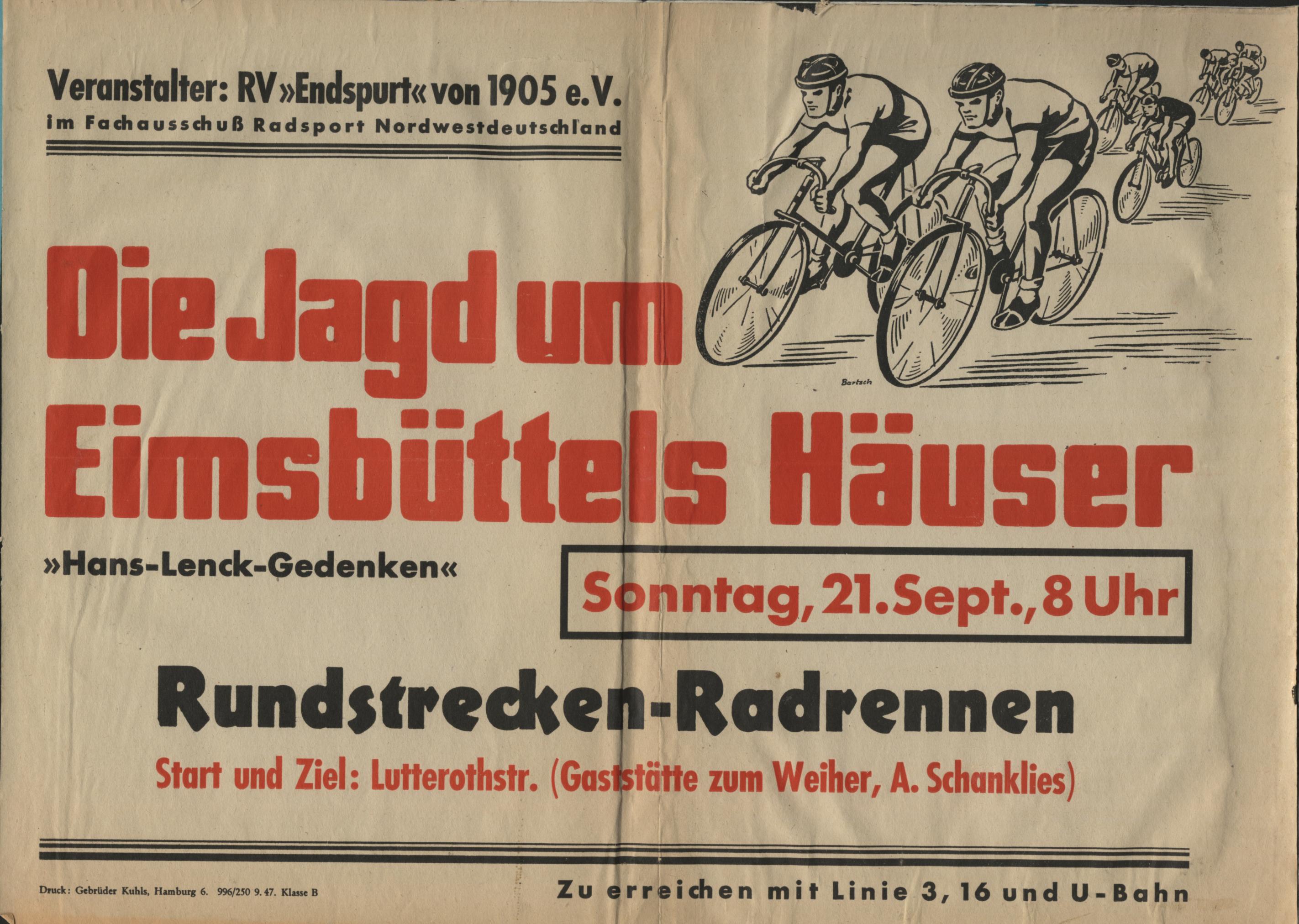 Zeitungsausschnitt, auf dem das „Hans-Lenck-Gedächtnis-Rennen“ unter dem Titel „Jagd um Eimsbüttels Häuser“ in fetten roten Lettern angekündigt wird.