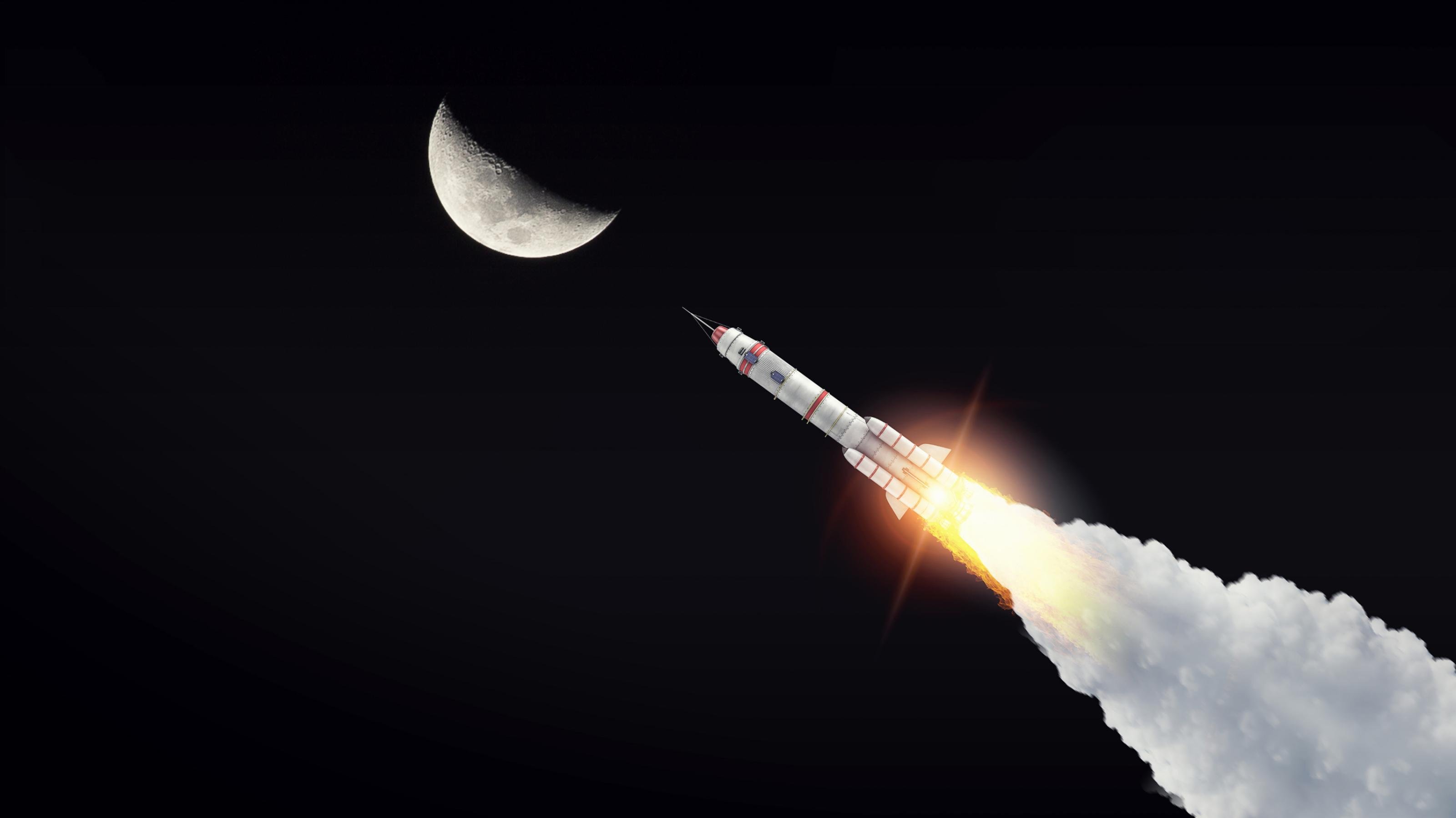 Montage einer weißen Rakete auf dem Weg zum Mond