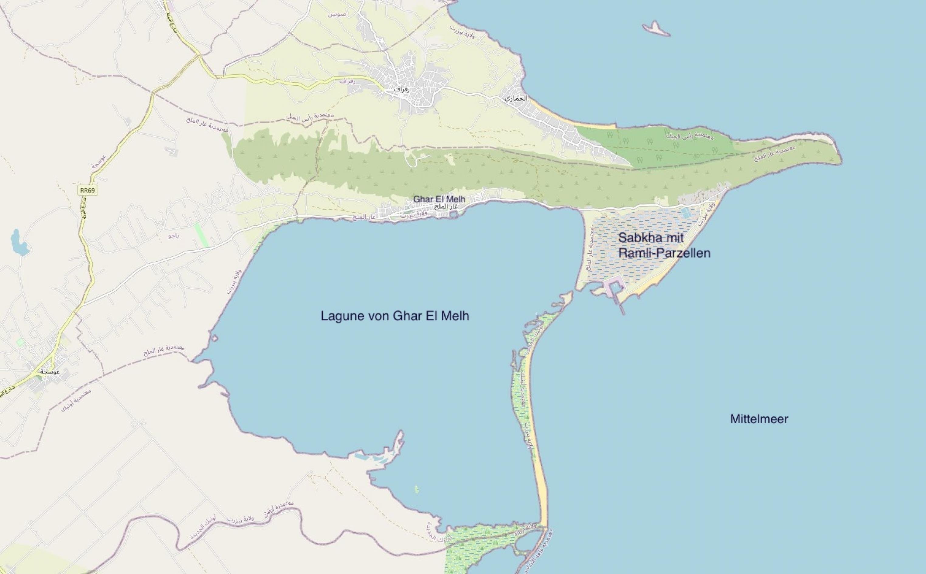Karte der Lagune und der Sabkha von Ghar El Melh, Tunesien