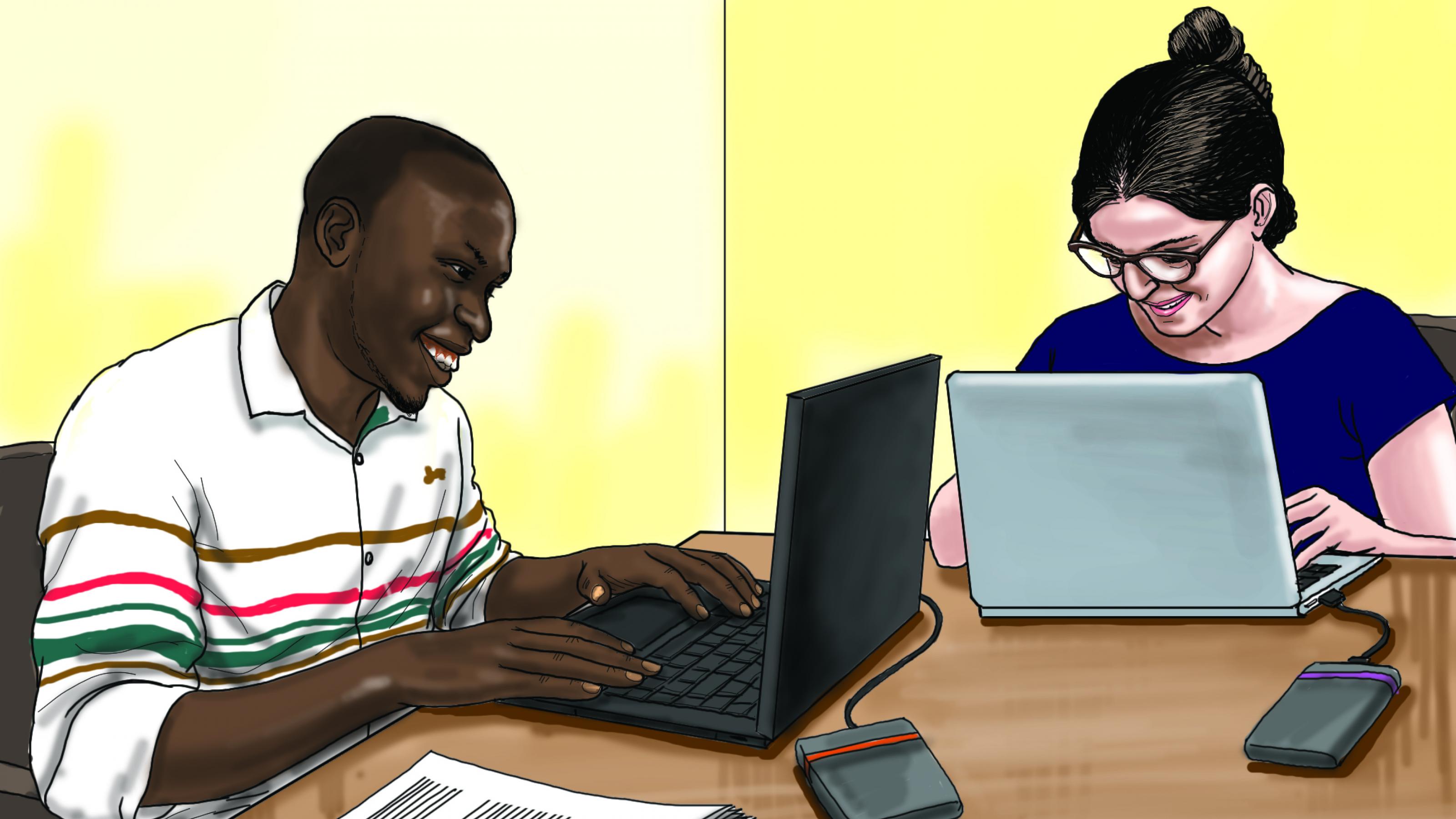Ein schwarzer Mann und eine weiße Frau arbeiten am Computer