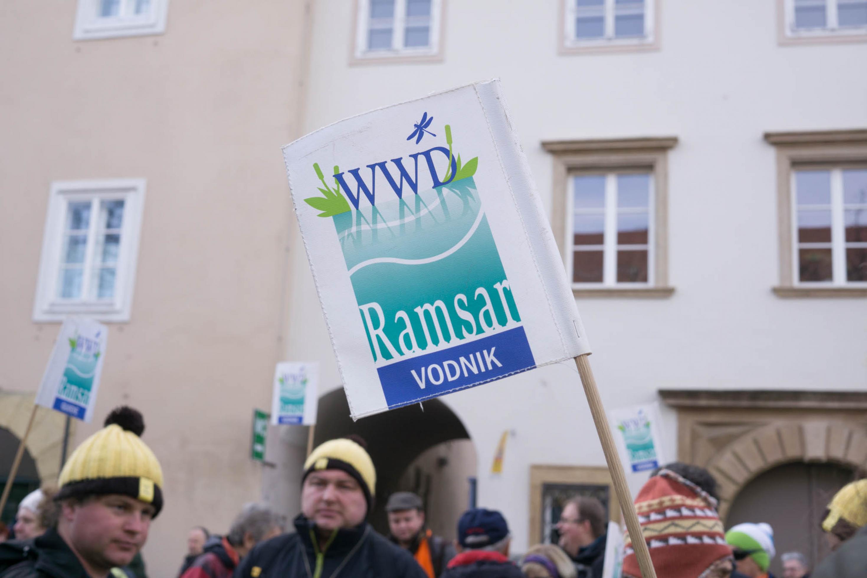 Wanderer mit Fahne des World Wetlands Day am Hauptplatz.