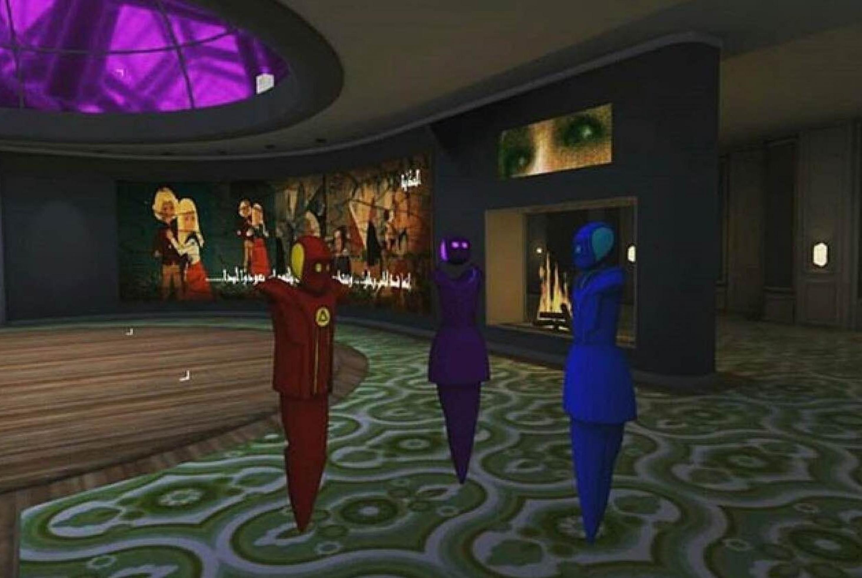 Die drei Avatare stehen in einem großen Raum in der virtuellen Realität von Altspace. Hinter ihnen brennt ein virtuelles Feuer.