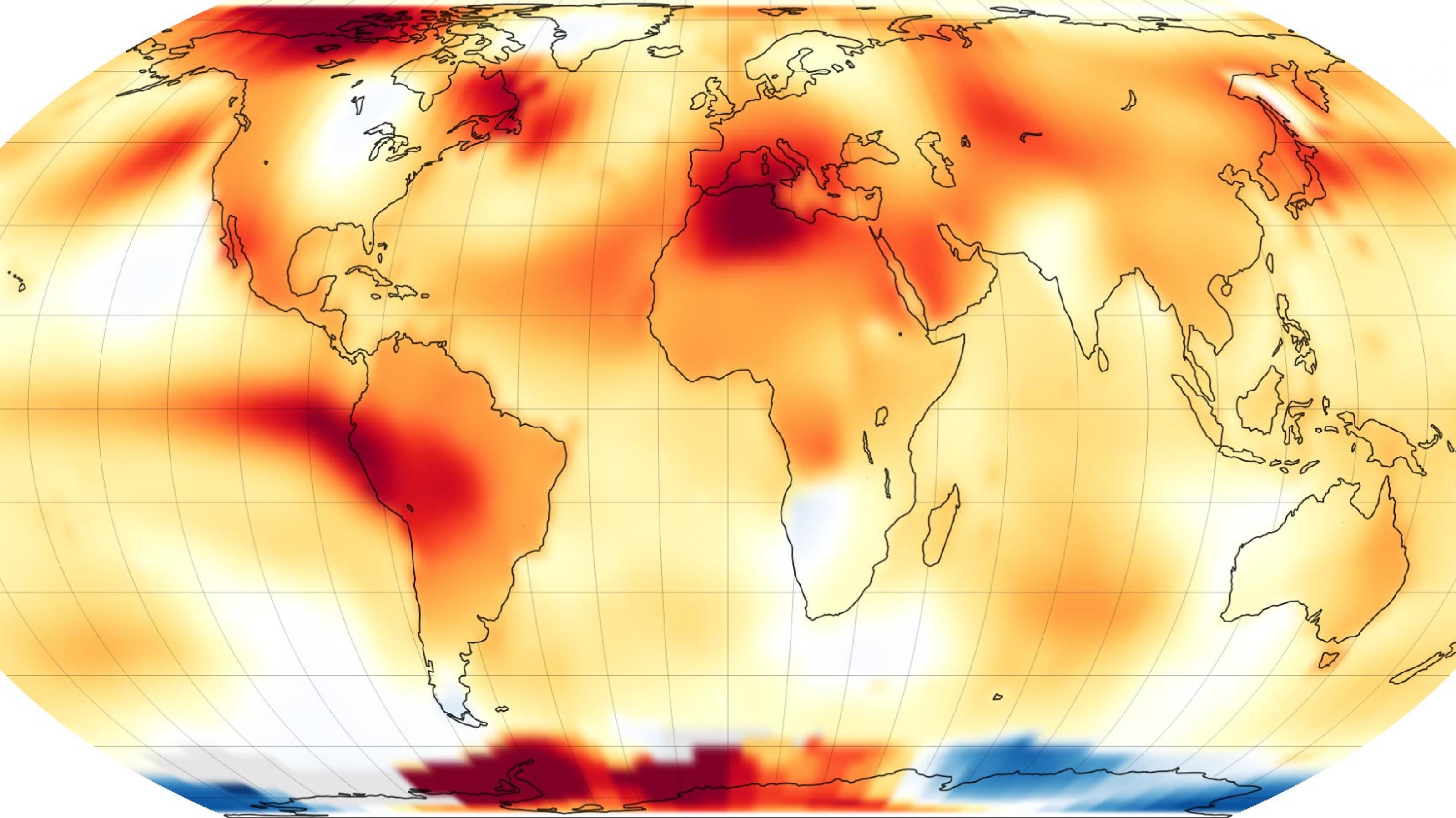 Weltkarte mit Farbverläufen, darunter viel Rot für überdurchschnittliche Wärme und wenig Blau für unterdurchschnittliche Wärme
