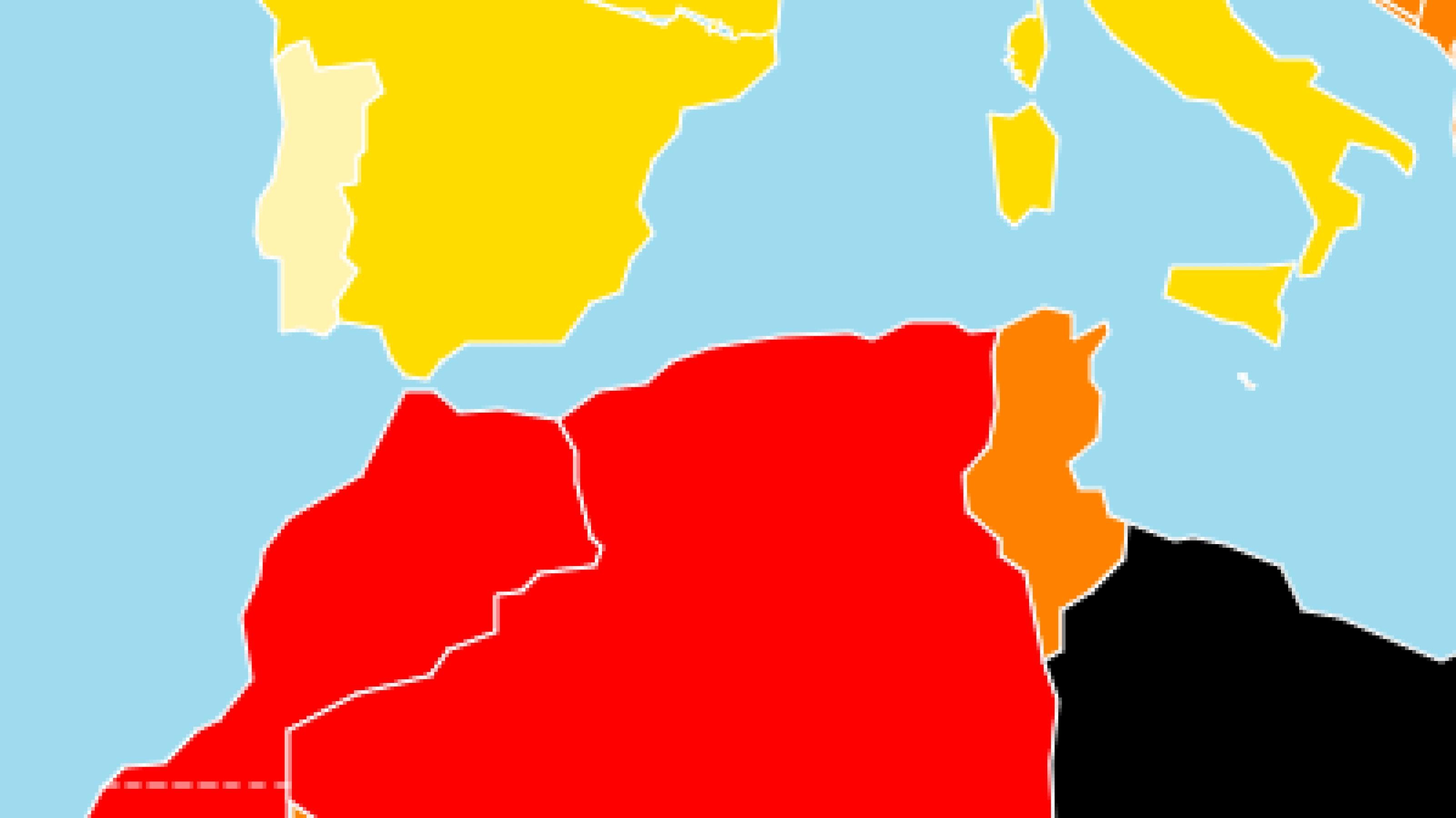 Ausschnitt aus der Karte, die das Ranking der Maghreb-Staaten von Reporter ohne Grenzen visualisiert: rot für Algerien und Marokko, orange für Tunesien